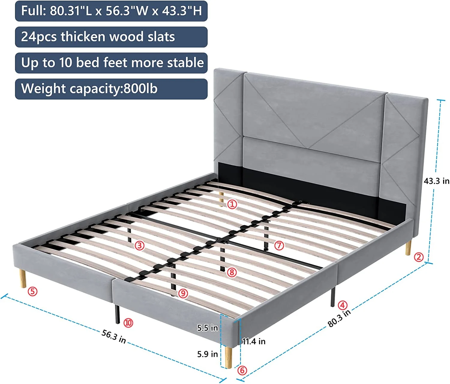 Flolinda Full Size Bed Frame Velvet Upholstered Platform Bed Frame Full with Headboard Strong Metal Rail Side 28Pcs Wooden Slats 10 Bed Feet Supported Stable Full Size Bed No Box Spring N