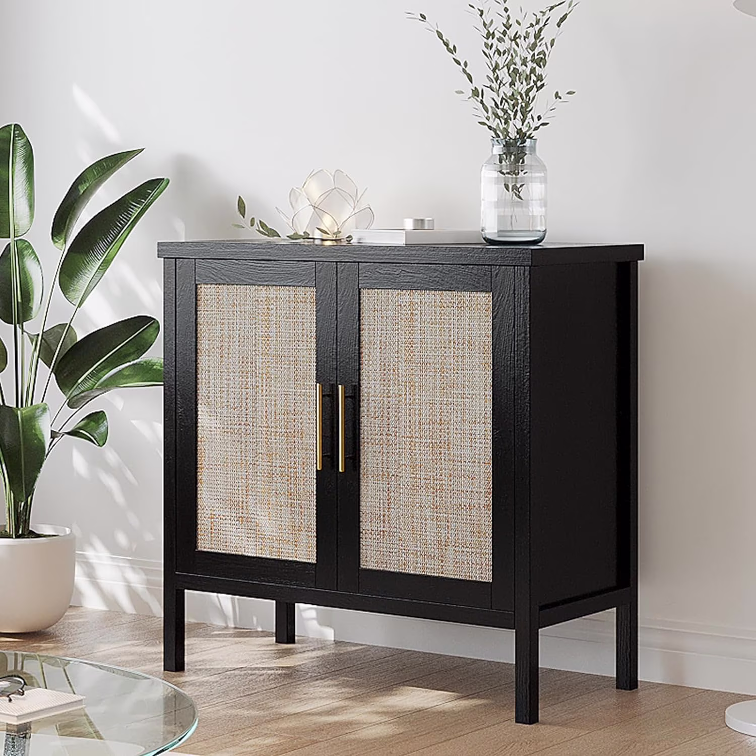 RichYa Rattan Storage Cabinet Buffet Cabinet Sideboard Cupboard for Hallway Entry Living Room 31.5