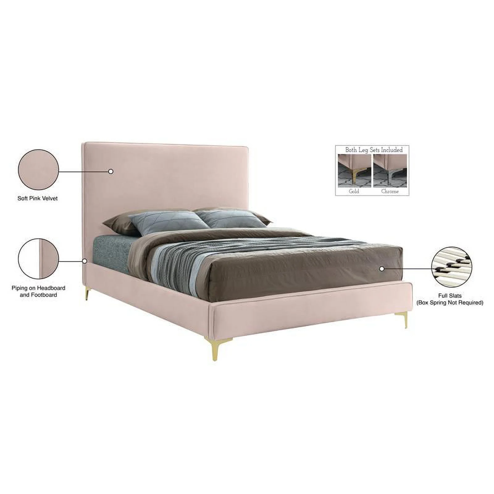 Maklaine Contemporary Pink Velvet Queen Bed with Gold and Chrome Legs Included