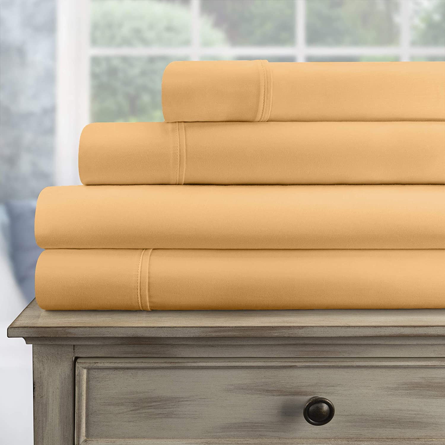 Basswood Premium 300-Thread Count Egyptian Cotton Solid Deep Pocket Sheet Set, Queen, Beige