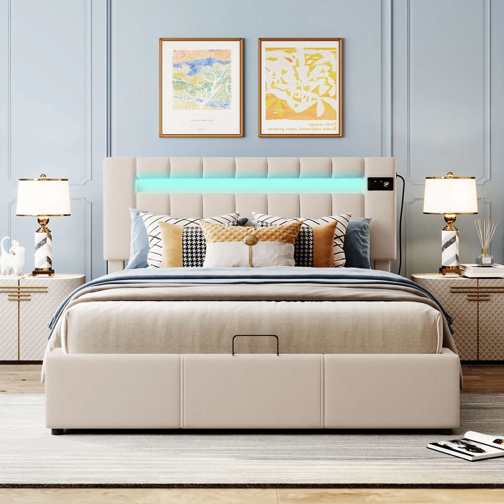 Upholstered Queen Platform Bed Frame with LED Lights Headboard, Bluetooth Player, USB Charge, Hydraulic Storage System, Queen Bed Frame with Metal and Wood Slat Support, No Box Spring Needed, Beige