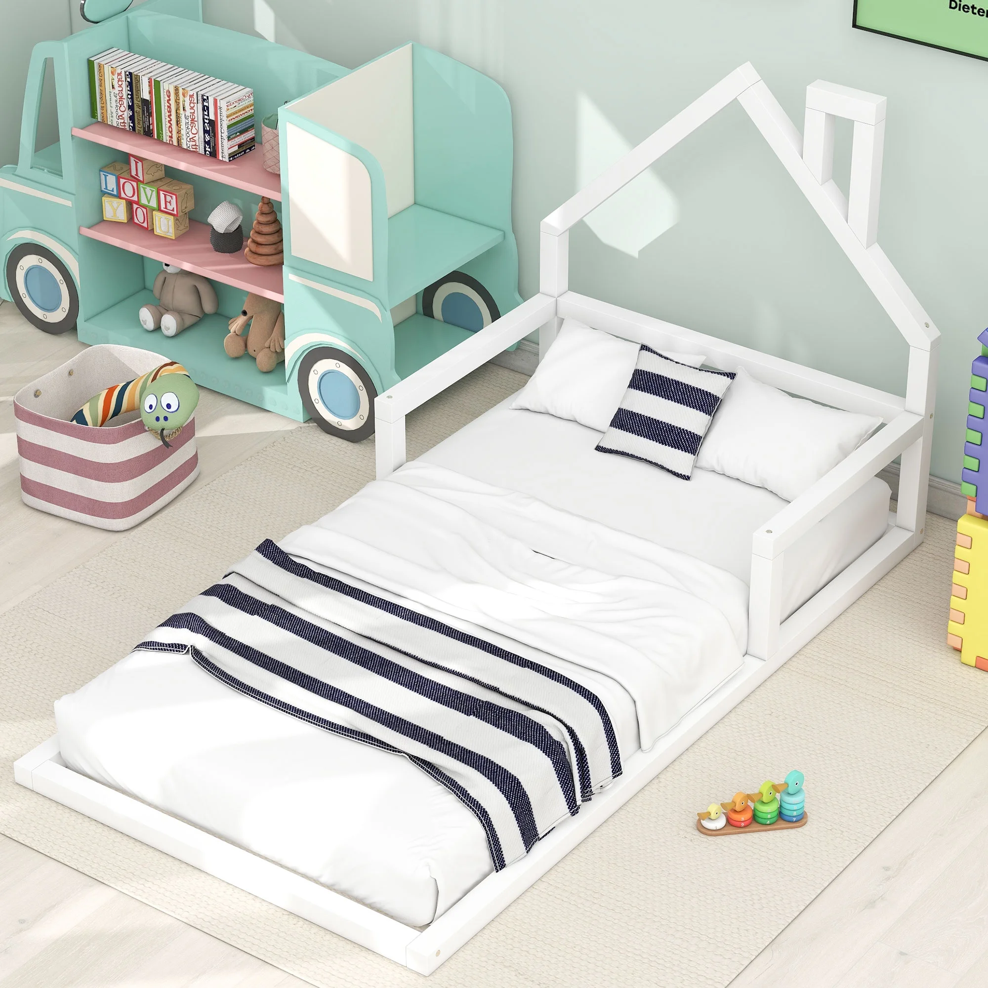 CQSXDA Twin Size Wood Floor Bed with House-shaped Headboard, White