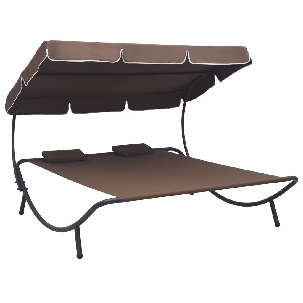 Anself Outdoor Lounge Bed with Canopy and Pillows Patio Daybed Fabric Steel Frame Sun Bed Brown for Patio, Garden, Backyard, Poolside, Balcony 78.7 x 68.1 x 53.1 Inches (L x W x H)