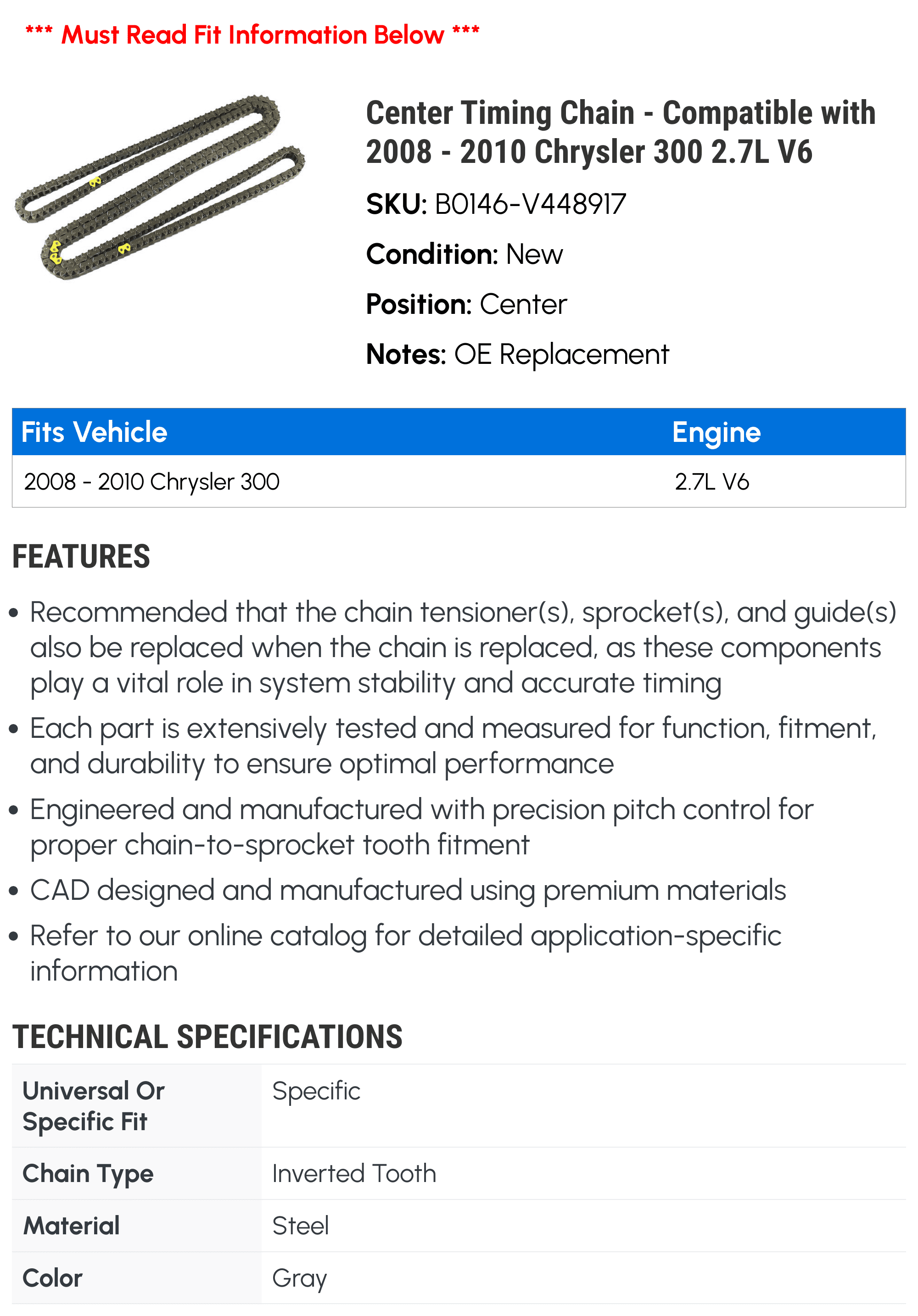 Center Timing Chain - Compatible with 2008 - 2010 Chrysler 300 2.7L V6 2009