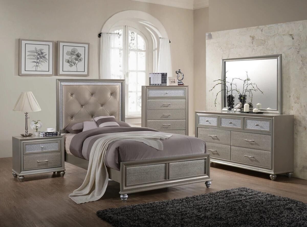Modern Champagne Faux Finish Diamond Button Tufted HB 4pc Twin Size Youth Bedroom Set Bed Dresser Mirror Nightstand