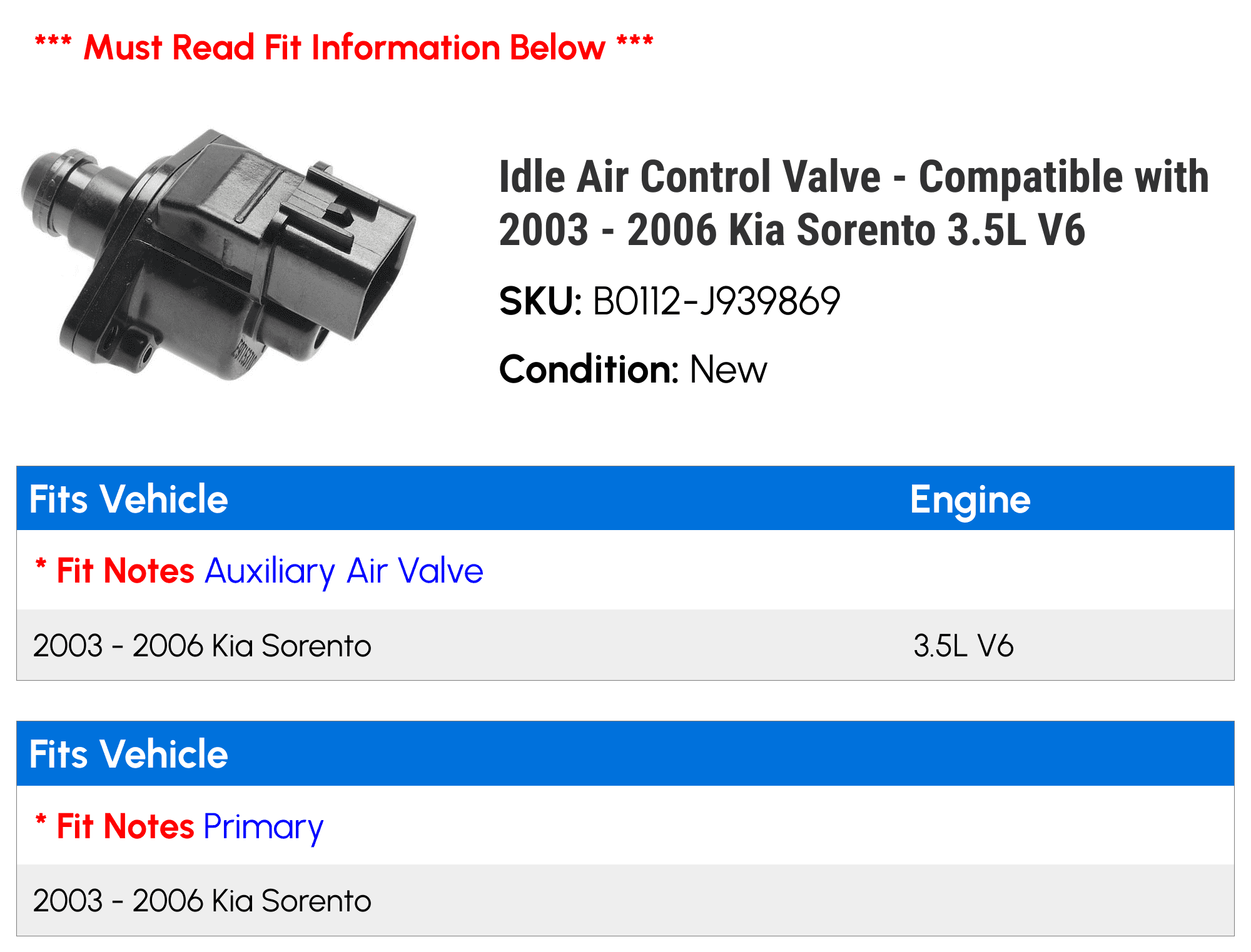 Idle Air Control Valve - Compatible with 2003 - 2006 Kia Sorento 3.5L V6 2004 2005