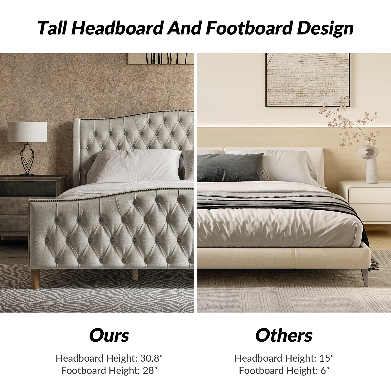 HULALA HOME Gerhard Tufted Upholstered Wingback Bed with Headboard and Footboard by  Grey - King