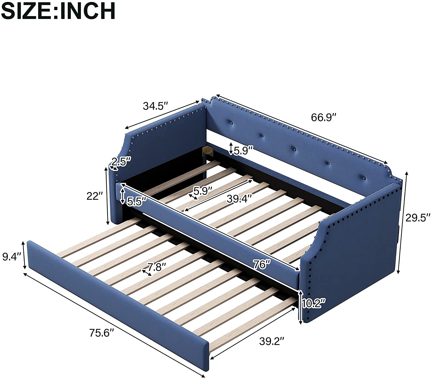 Size Upholstered Daybed With Trundle, Upholstered Daybed Sofa Bed Frame For Living Room Bedroom, Blue