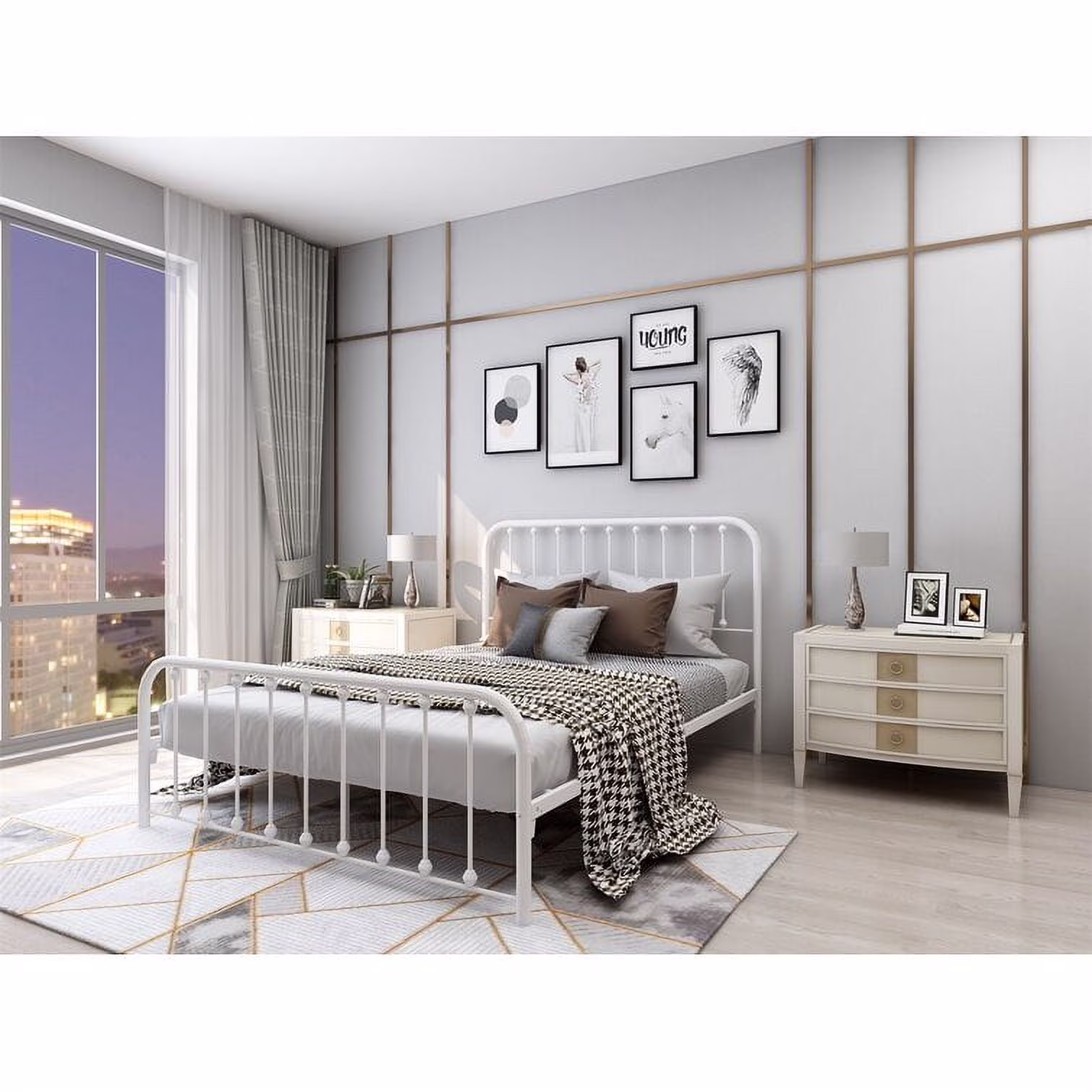 Metal Queen Platform Bed Frame White Color,No Box Spring,Easy Assembly
