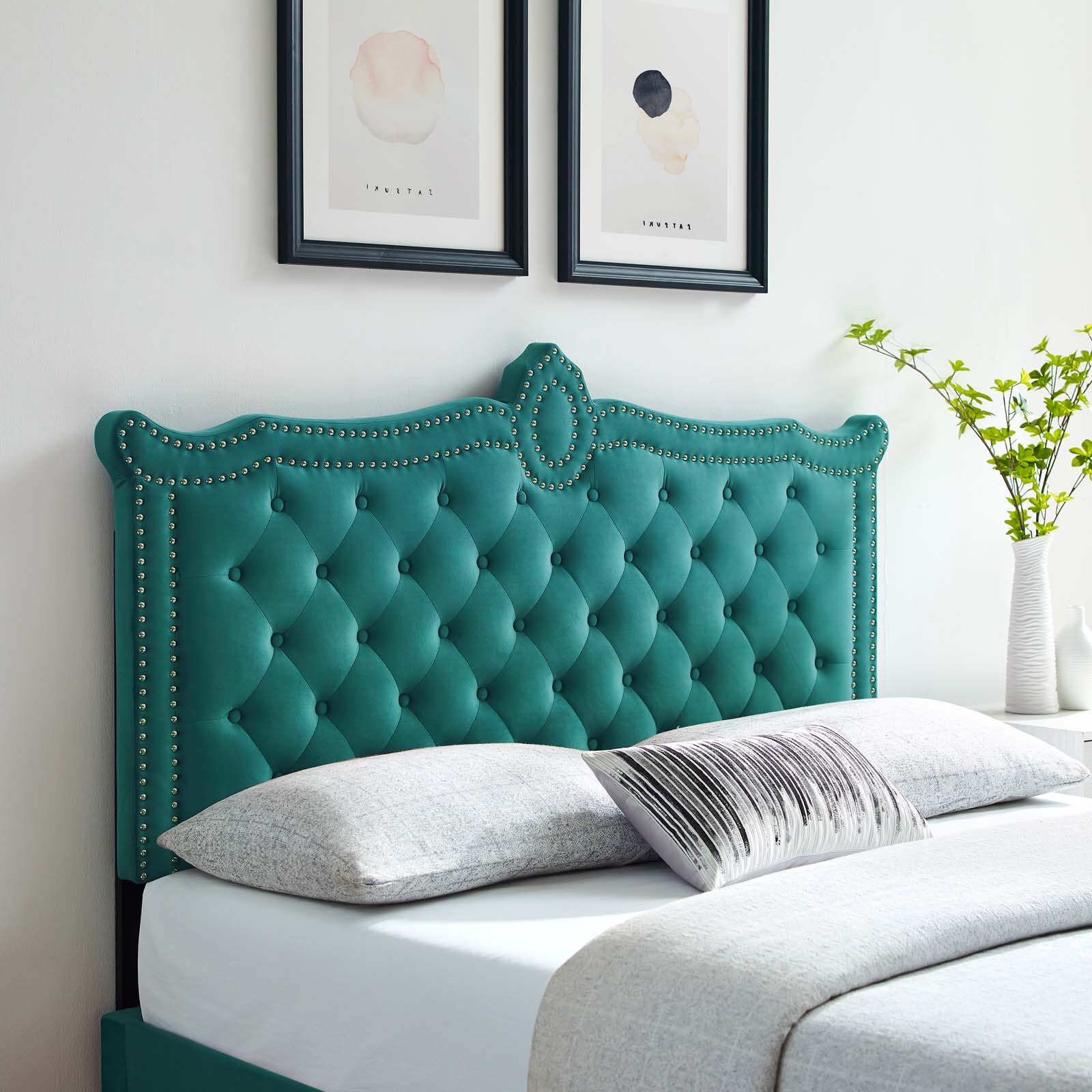 Tufted Headboard, Nailhead, Twin Size, Teal Blue, Velvet, Modern Contemporary, Bedroom Master Guest Suite Room