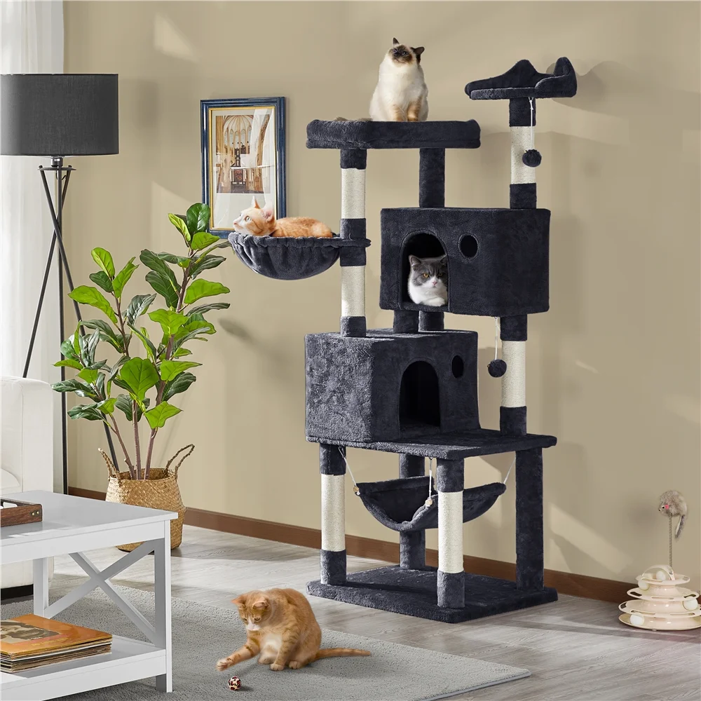 Topeakmart 64.5in Multi-level Large Cat Tree Condo Tower with Hammock Scratching Posts & Hammock, Black