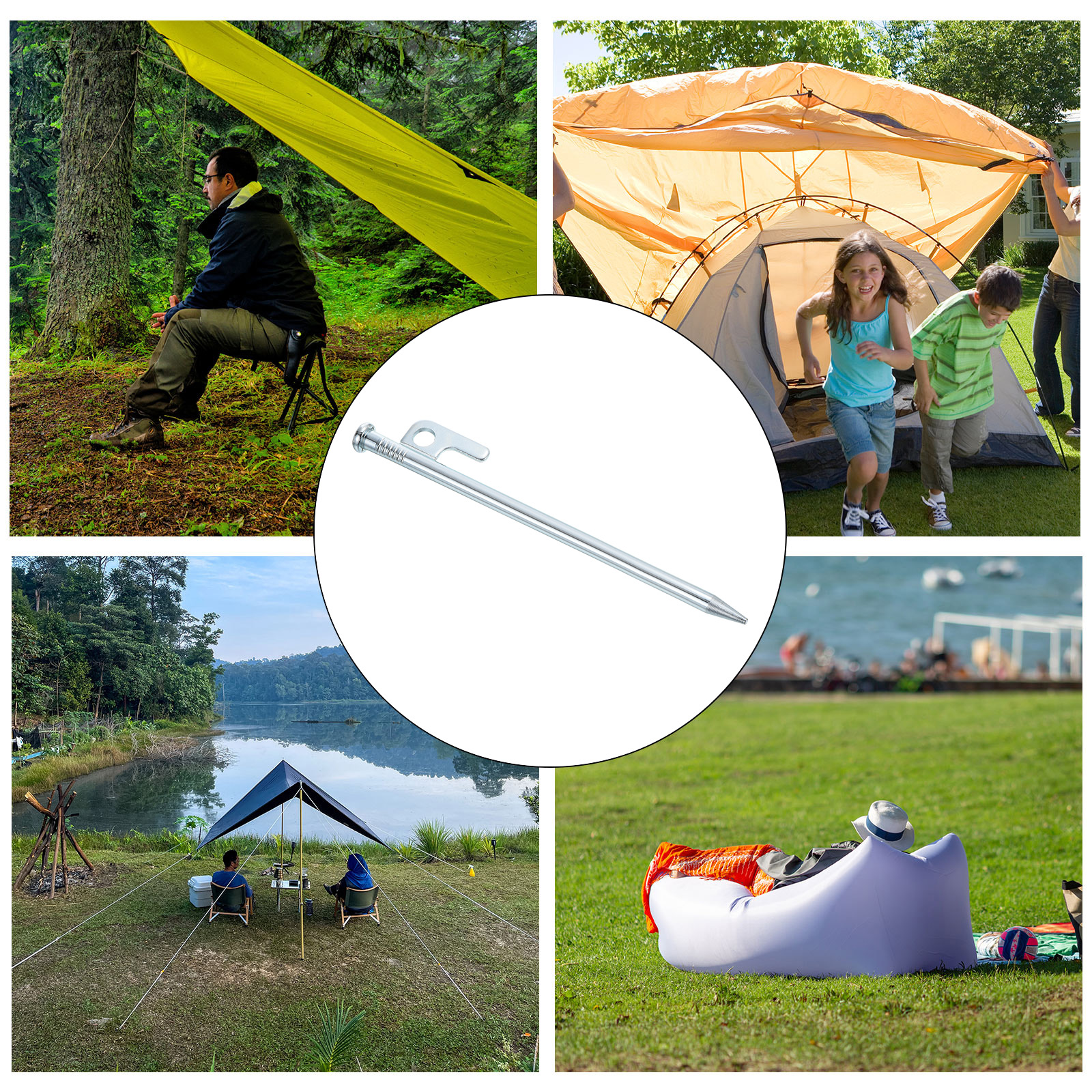 Uxcell 20cm/8 Inch Heavy Steel Camping Tent Stakes Pegs with Hook, Silver Tone 8 Pack