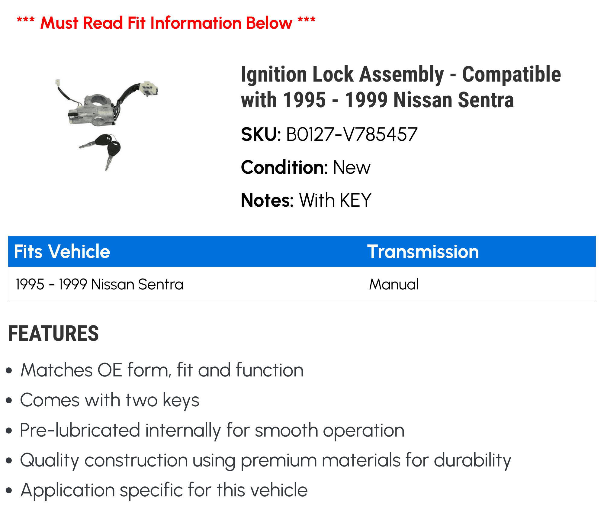 Ignition Lock Assembly - Compatible with 1995 - 1999 Nissan Sentra 1996 1997 1998