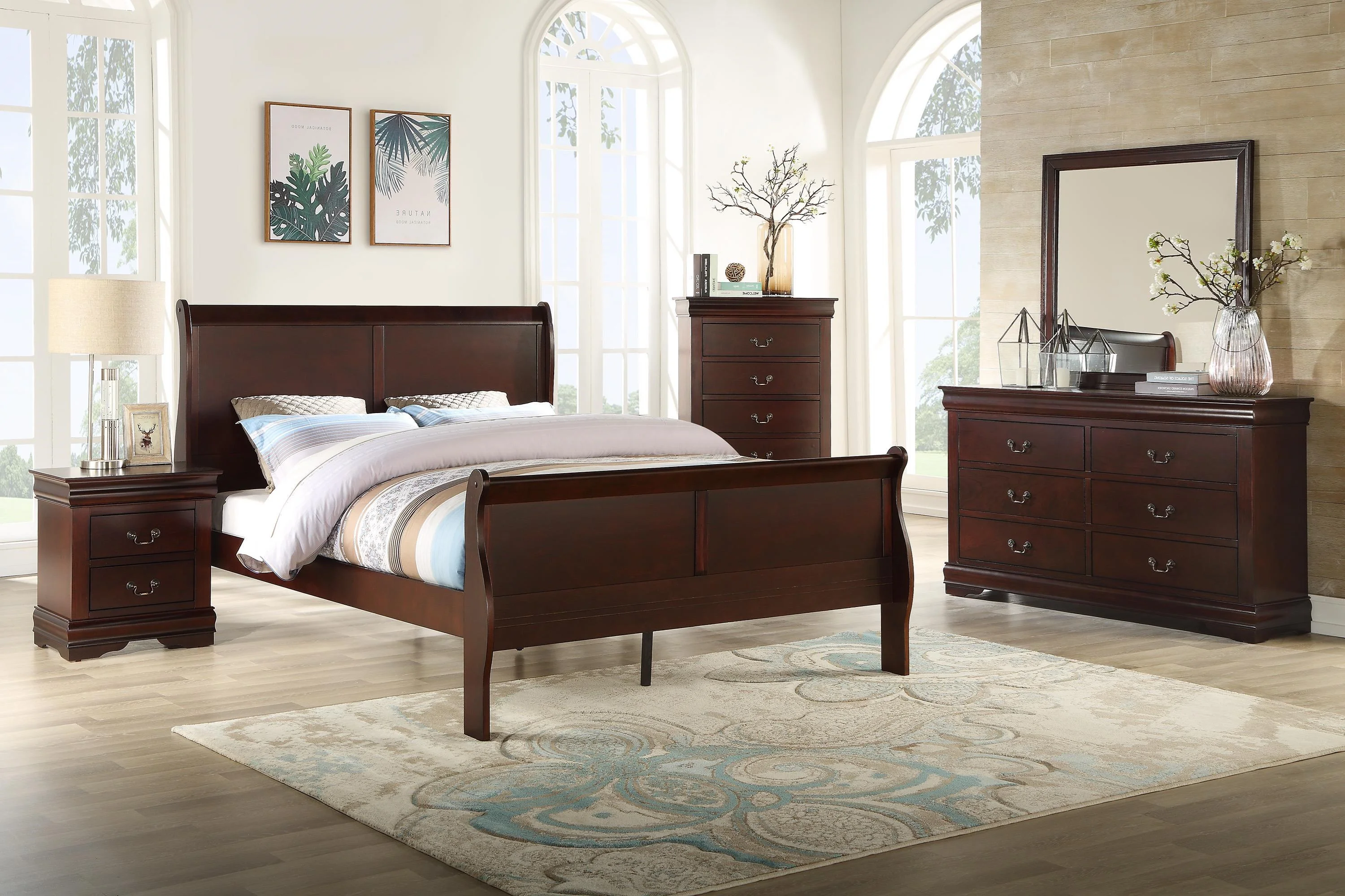Classic Traditional Bedroom Wooden Furniture 4pc Twin Size Bed Set Dresser Mirror Nightstand Cherry Finish