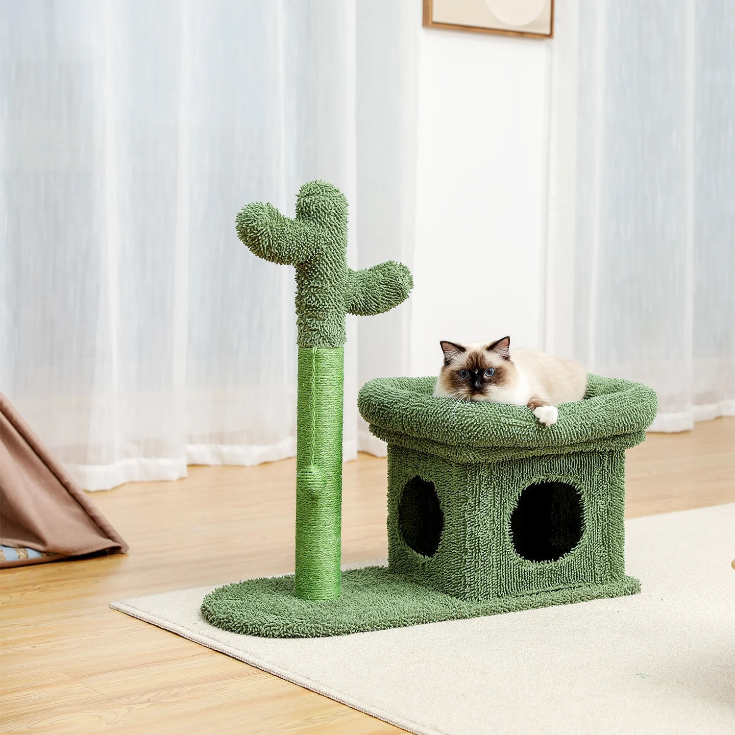 ZephyPaws Cat Tree 27.6 inches with Cactus Scratching Posts, Creative Scratching Posts, Stylish Cat Tree, with Ball and Cat House Green