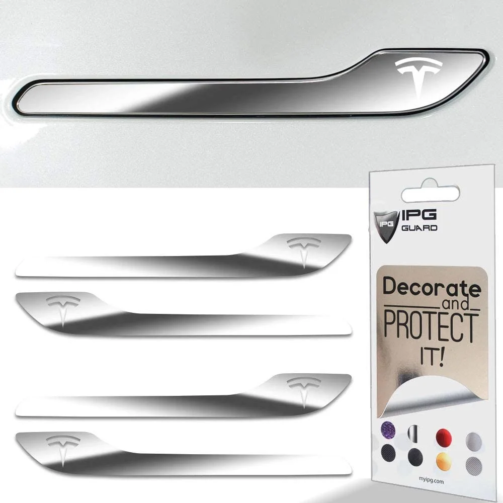 IPG for Tesla Model 3 / Model Y Door Handle Decal Sticker Wrap Kit (Set of 4) with Tesla Logo (Silver Chrome)