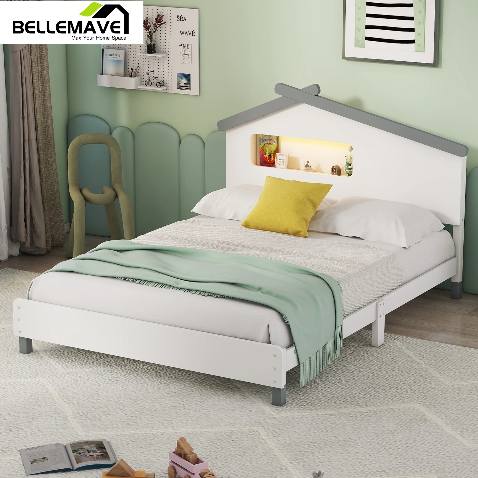 Bellemave Full Size Platform Bed with House-shaped Headboard and Motion Activated Night Light Full Wood Bed Frame with Light and Storage for Kids, Teens, No Box Spring Needed, White