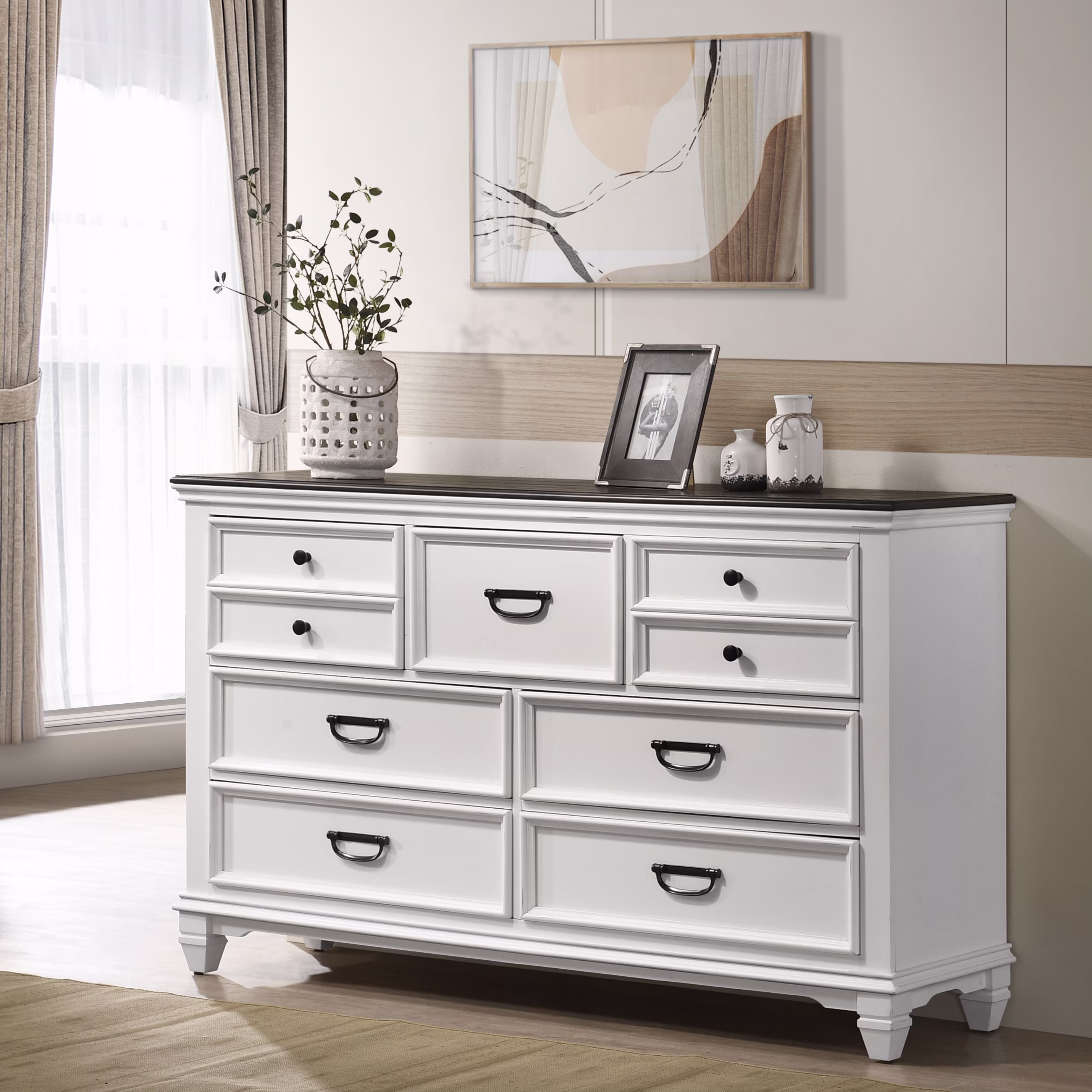 Clelane Wood 7-Drawer Dresser, Weathered White and Gray
