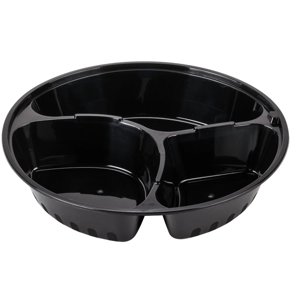 VeZee 48 oz. Black Round 3 Compartments Plastic Meal Prep Containers with Clear Dome Lids| Bento Box, BPA Free, Stackable, Microwave/Dishwasher/Freezer Safe|10CT