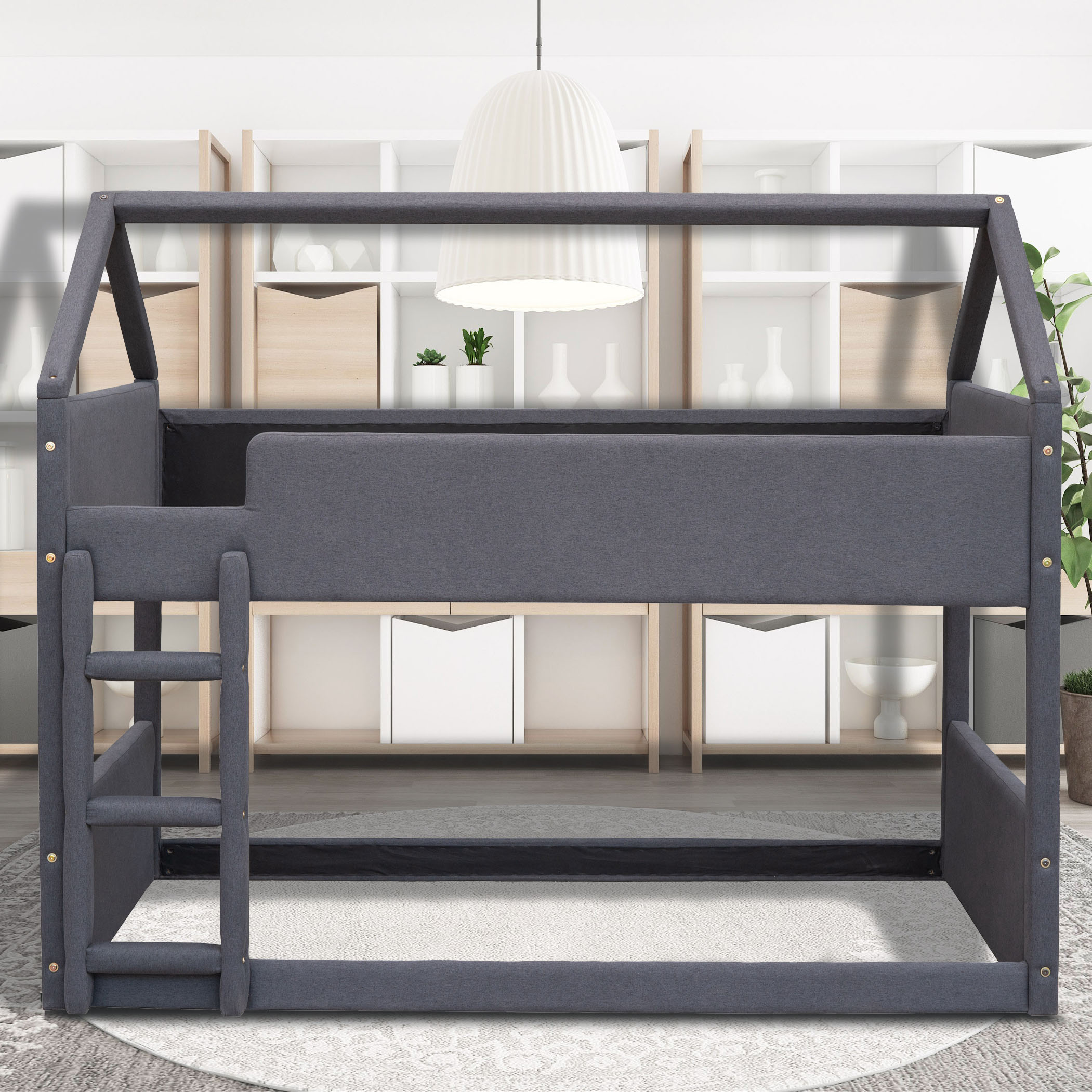 Twin Size Upholstery House Bunk Bed with Headboard and Footboard,Grey