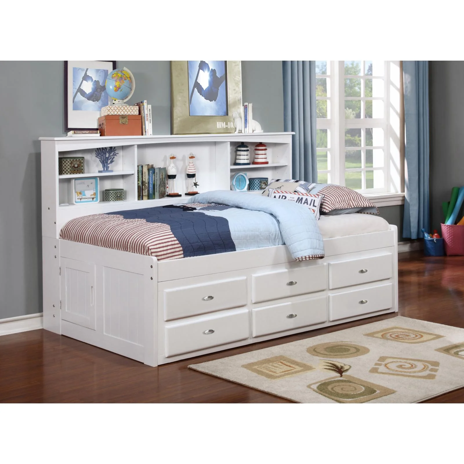 OS Home and Office Furniture Solid Pine Twin Bookcase Daybed with Six Drawers in Casual White