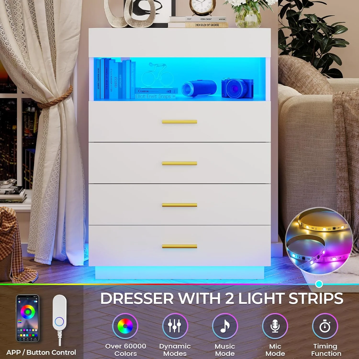 White Dresser with LED Lights, Tall Dresser with Pull Out Tray, Chest of Drawers