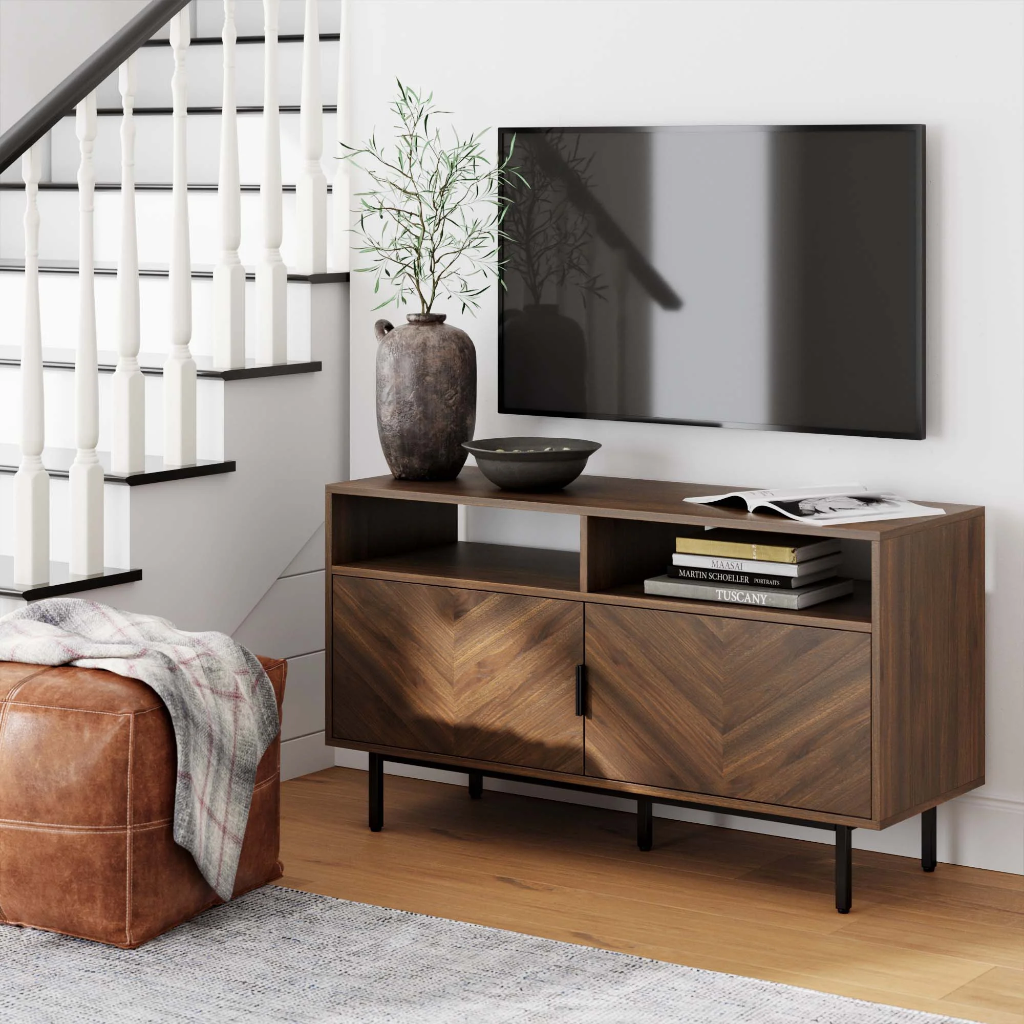 Nathan James Izsak Walnut Media Console, TV Stand Cabinet with Storage for Living Room, Dining Room or Entryway