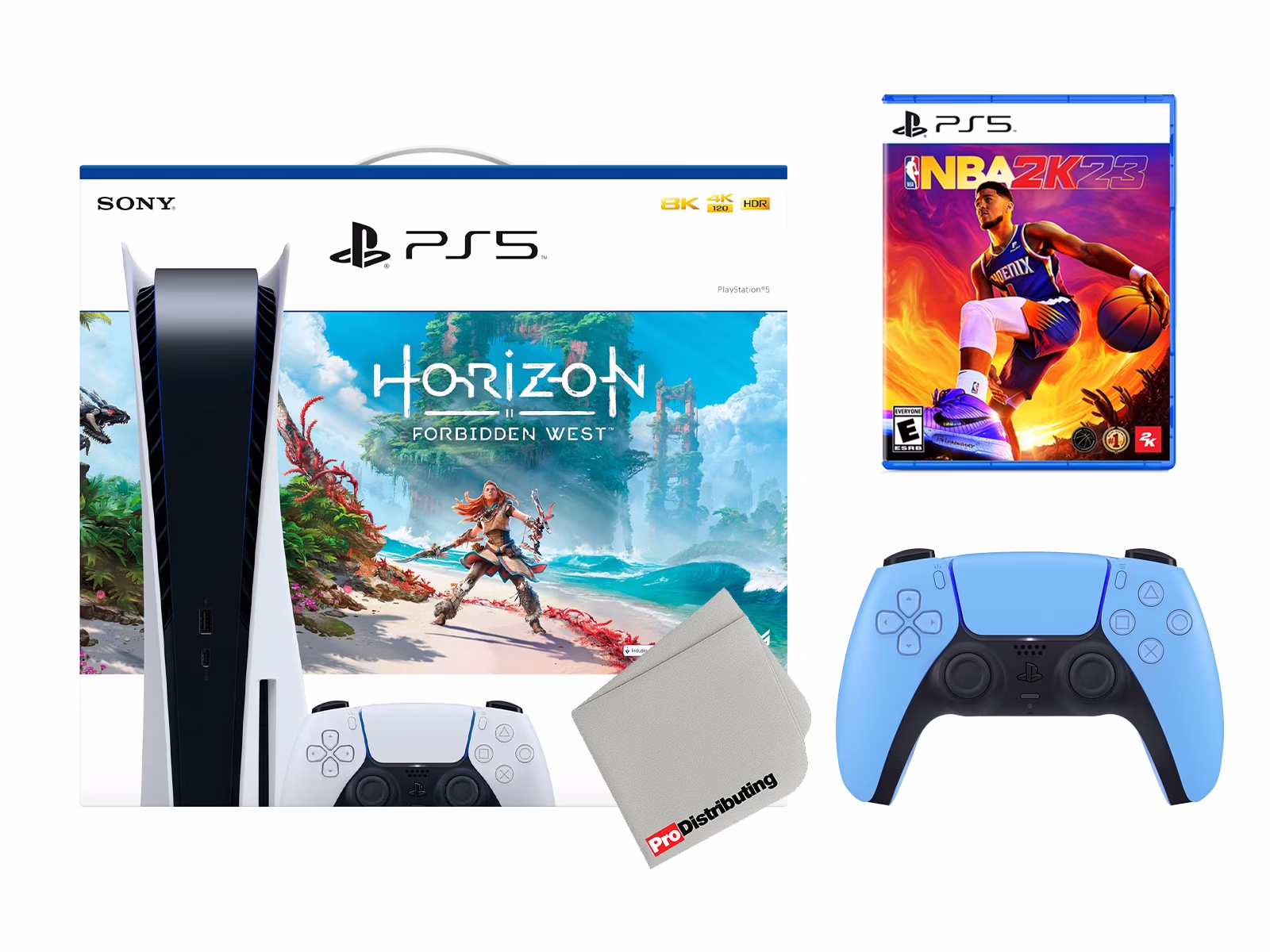 Sony Playstation 5 Disc Horizon Forbidden West with NBA 2K23, Extra Controller and Microfiber Cloth Bundle - Starlight Blue
