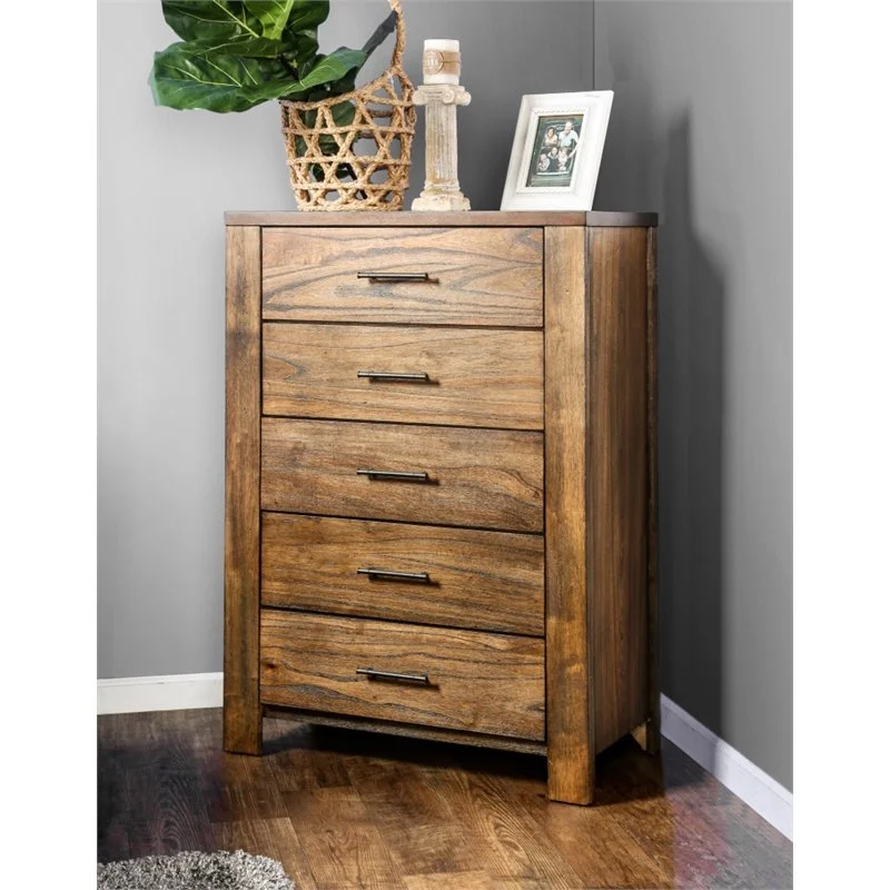 Nangetti Modern 4 Piece Wood Queen Bed with 2 Nightstand and Chest Set in Oak