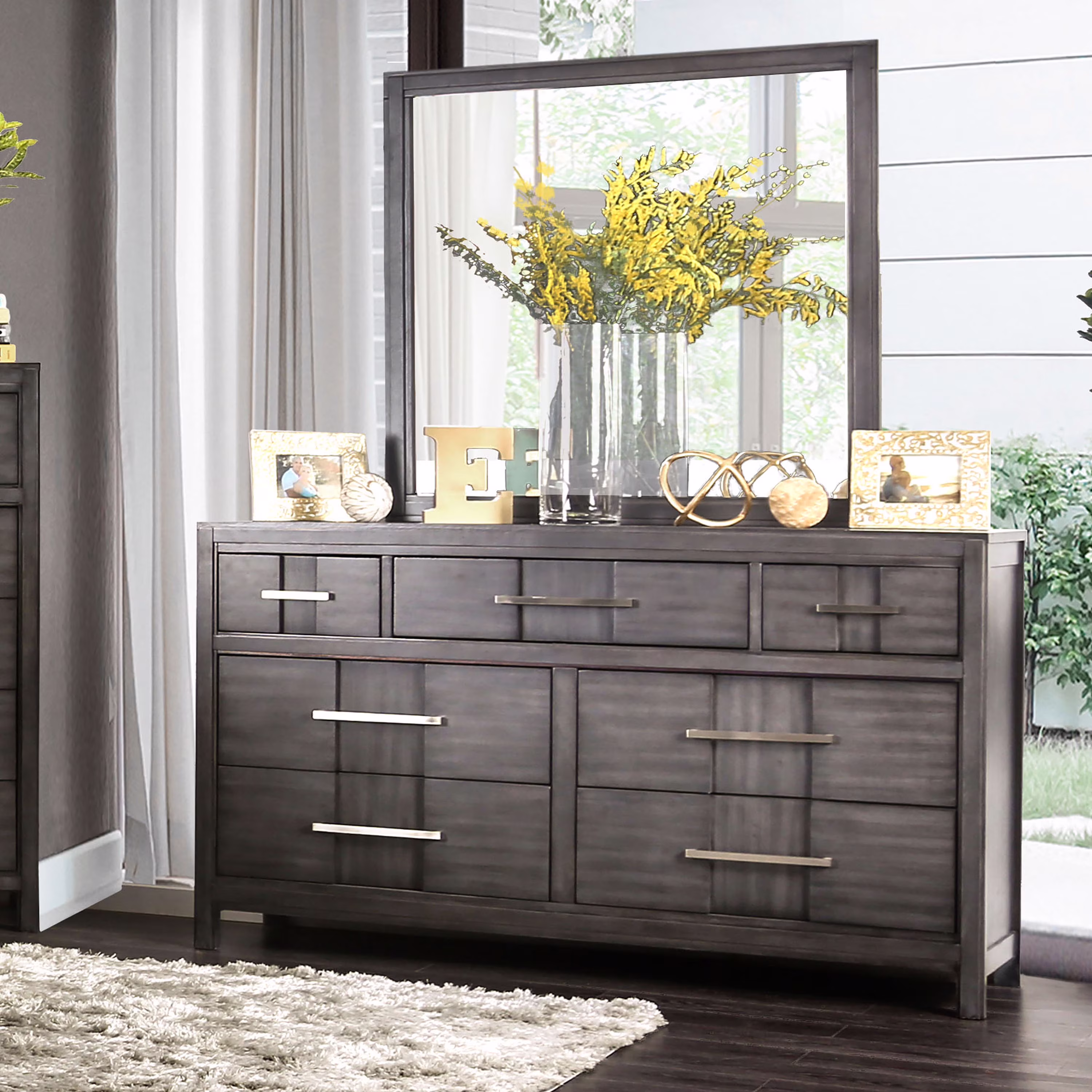 Furniture of America Lowell 2-Piece Dresser and Mirror Set, Gray