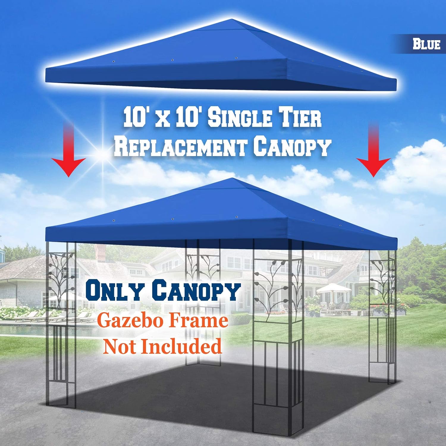 Replacement 10'X10'gazebo Canopy Top Patio Pavilion Cover Sunshade Plyester Single Tier (Blue)