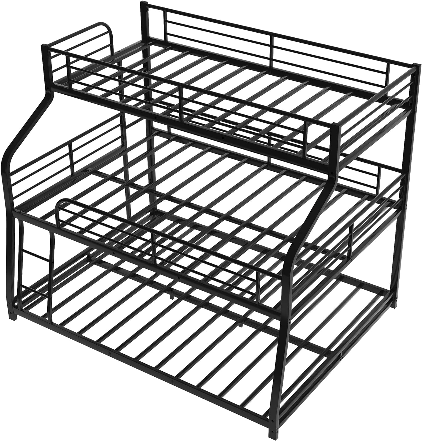 Triple Bunk Bed, Space-Saving 3-In-1 Metal Triple Bunk Beds With Two Built-In Ladders And Full-Length Guardrails, Black