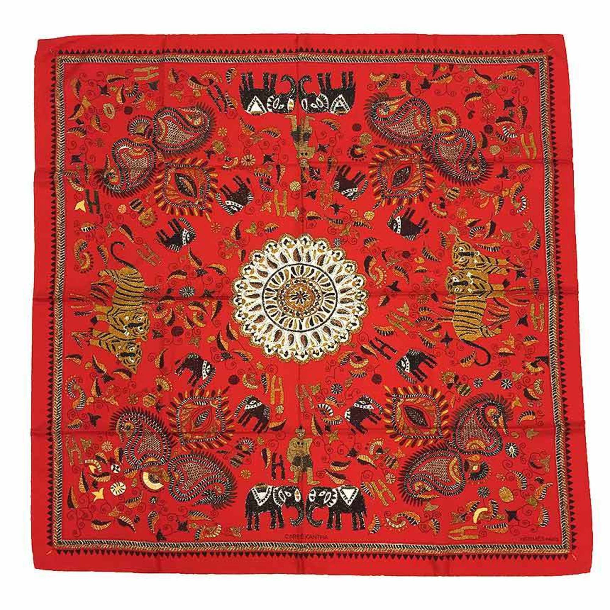 Pre-Owned HERMES Scarf Muffler CARRE 90 KANTHA 002404S 03 100% Silk ROUGE/NOIR/IVOIRE Red Hermes (Like New)