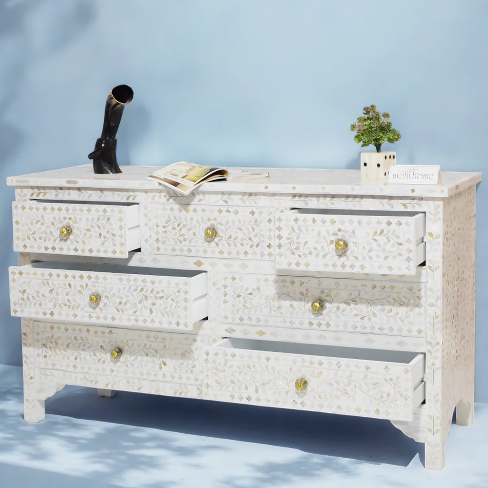 Elegant Seven-drawers Mother of Pearl white Dresser