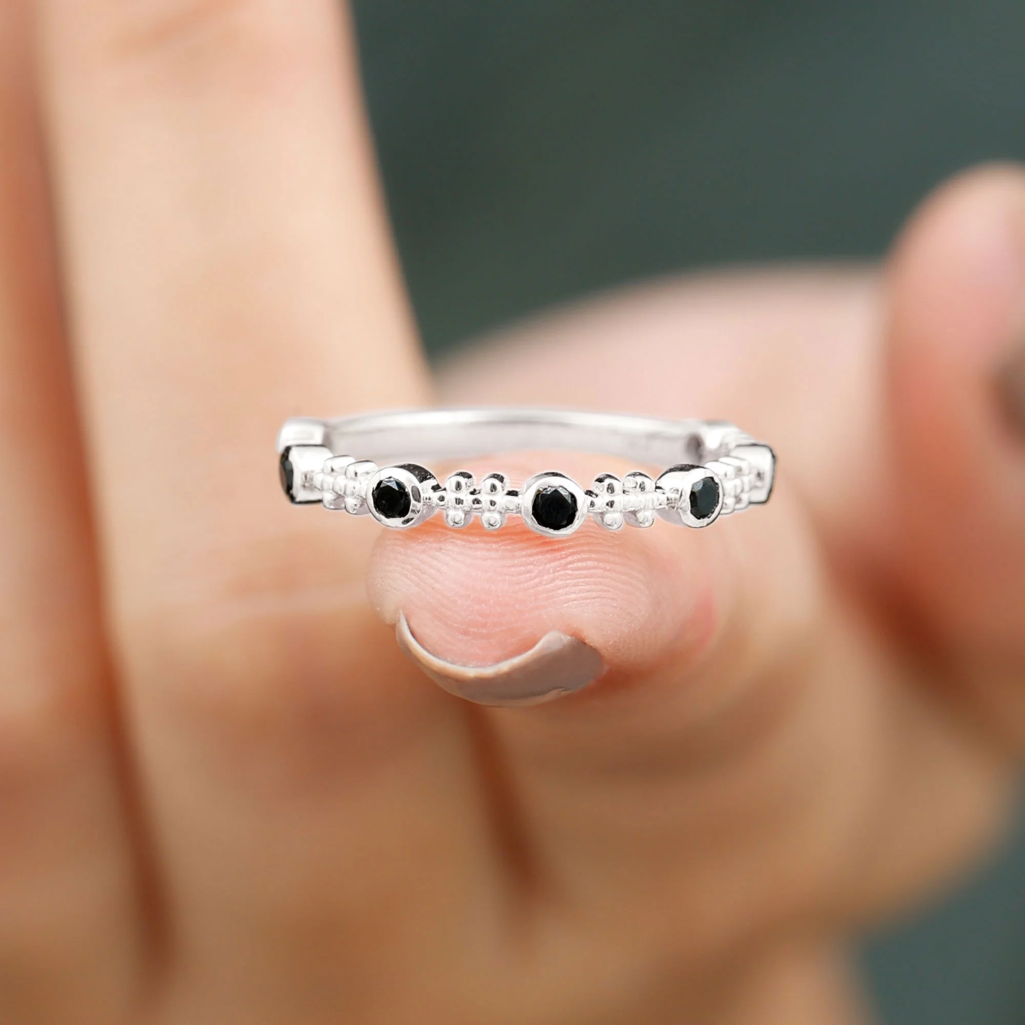 1/4 CT Bezel Set Black Diamond and Gold Beaded Stackable Ring, 925 Sterling Silver, US 4.00