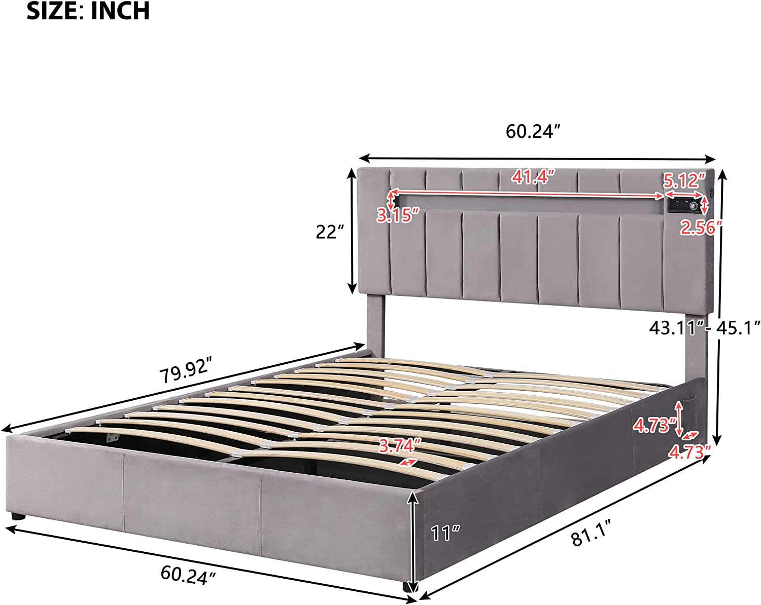 Upholstered Queen Platform Bed With LED Headboard, Bluetooth Player And USB Charging, Velvet Fabric Queen Size Bed With Lift Up Storage, No Box Spring Needed (Gray)