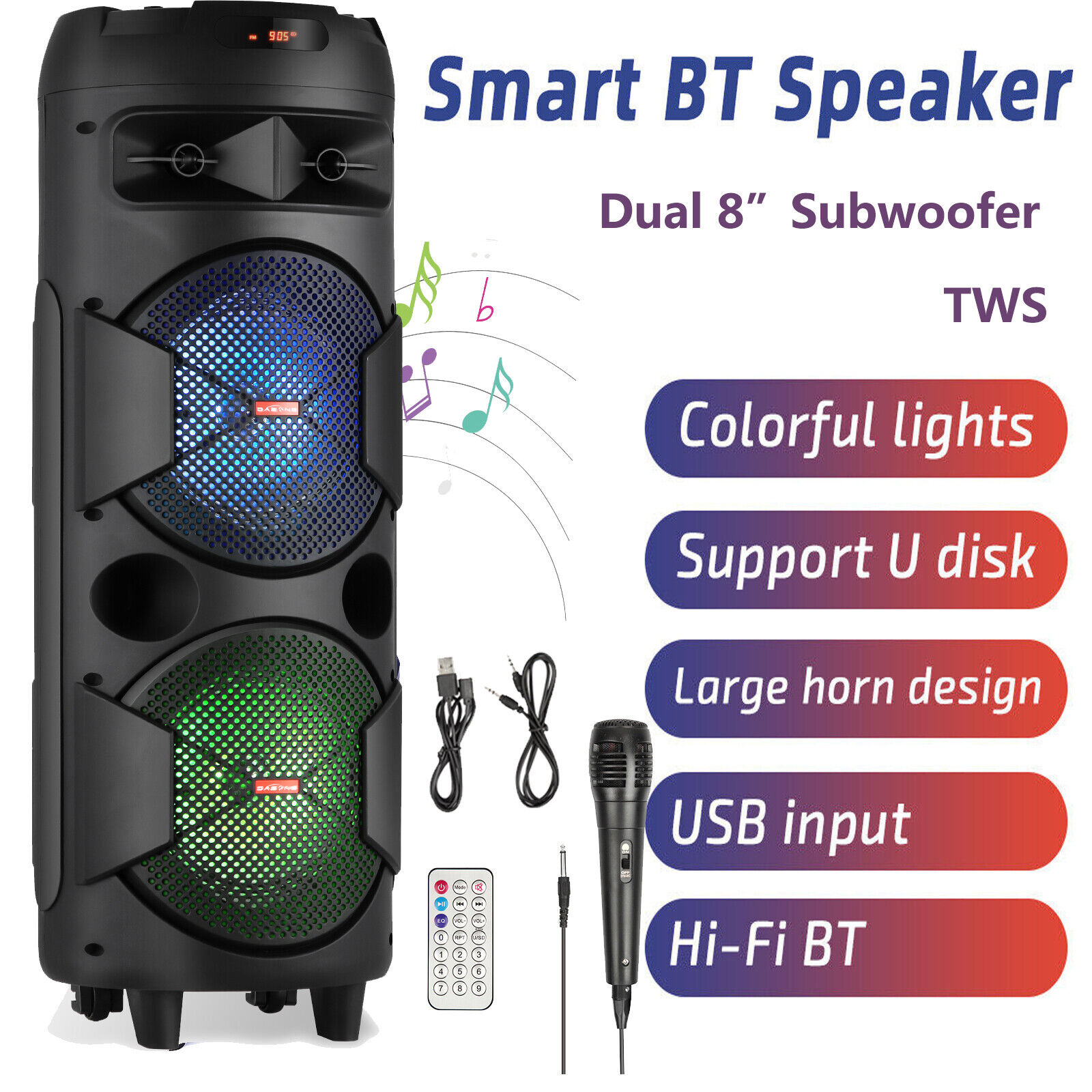Rechargeable Portable Party Bluetooth PA Loud Speaker Dual 8