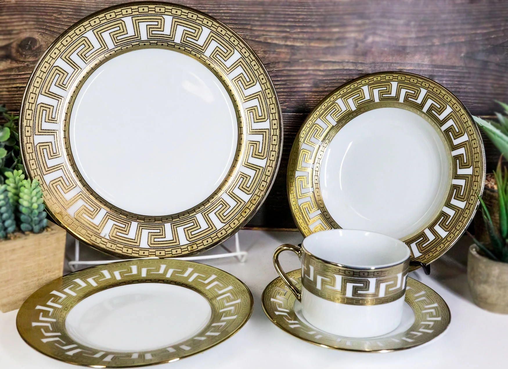 Gold Plated Baroque Barocco Golden Greek Key Border 40 Pcs Luxury Dinnerware Set