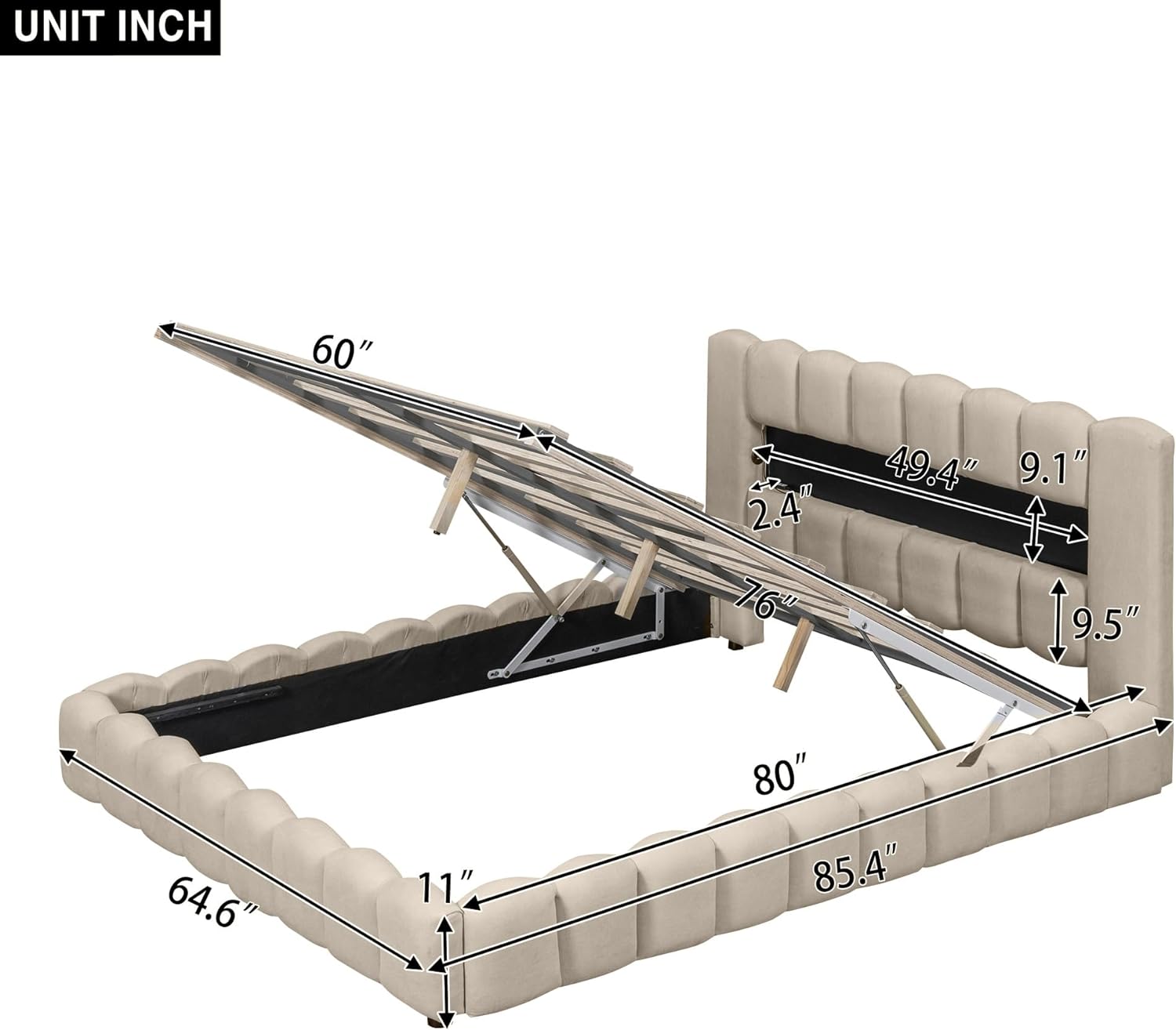 Upholstered Queen Size Bed With Lift Up Storage, USB Ports And LED Headboard, Linen Queen Platform Bed With Slats Support, No Box Spring Needed, Easy Assembly, Beige, HZG-GX000552AAA