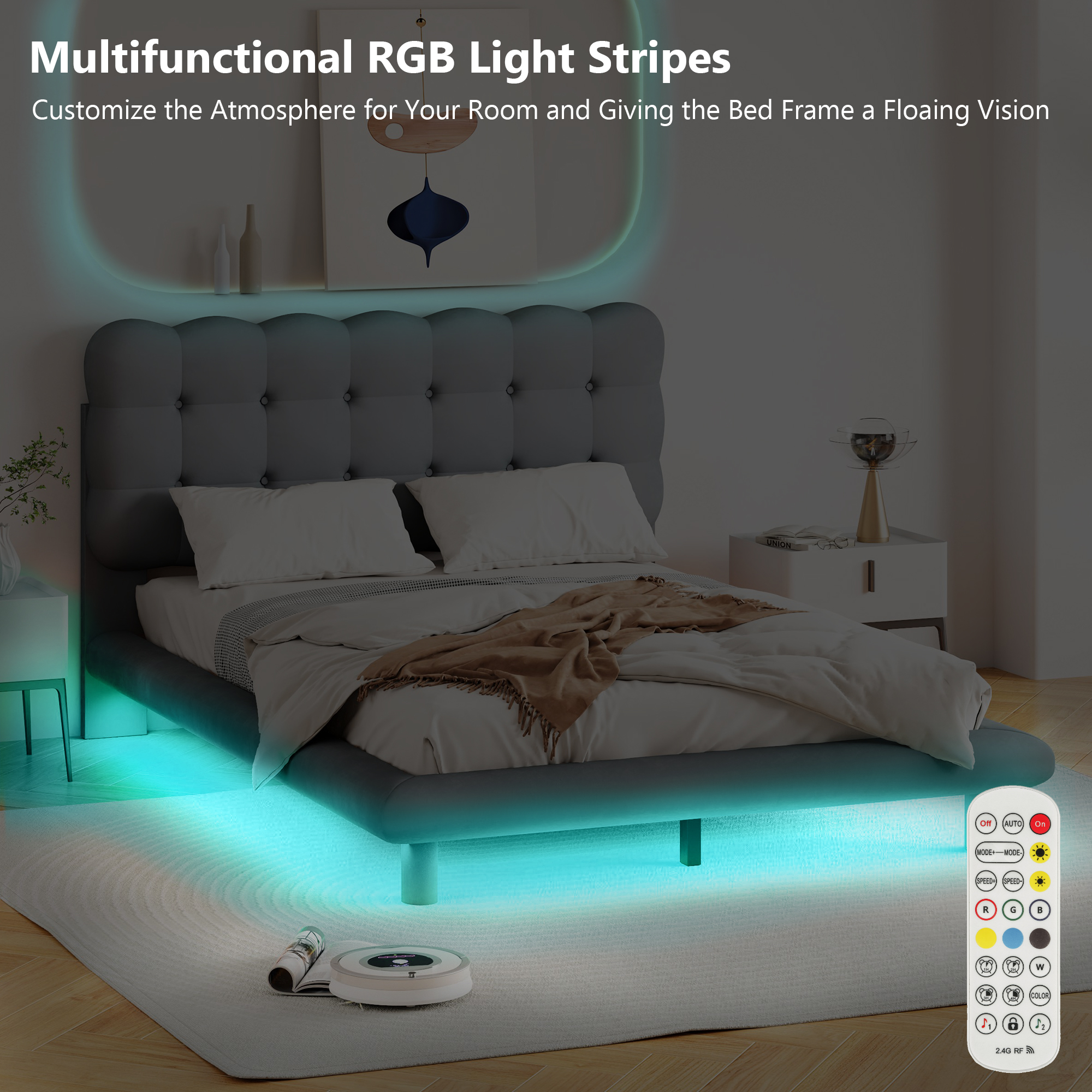 Queen Size Bed Frame with LED Light, Upholstered Platform Wooden Bed Frame with Button-Tufted Design Headboard for Kids Adults Bedroom Furniture,No Box Spring Needed,Gray