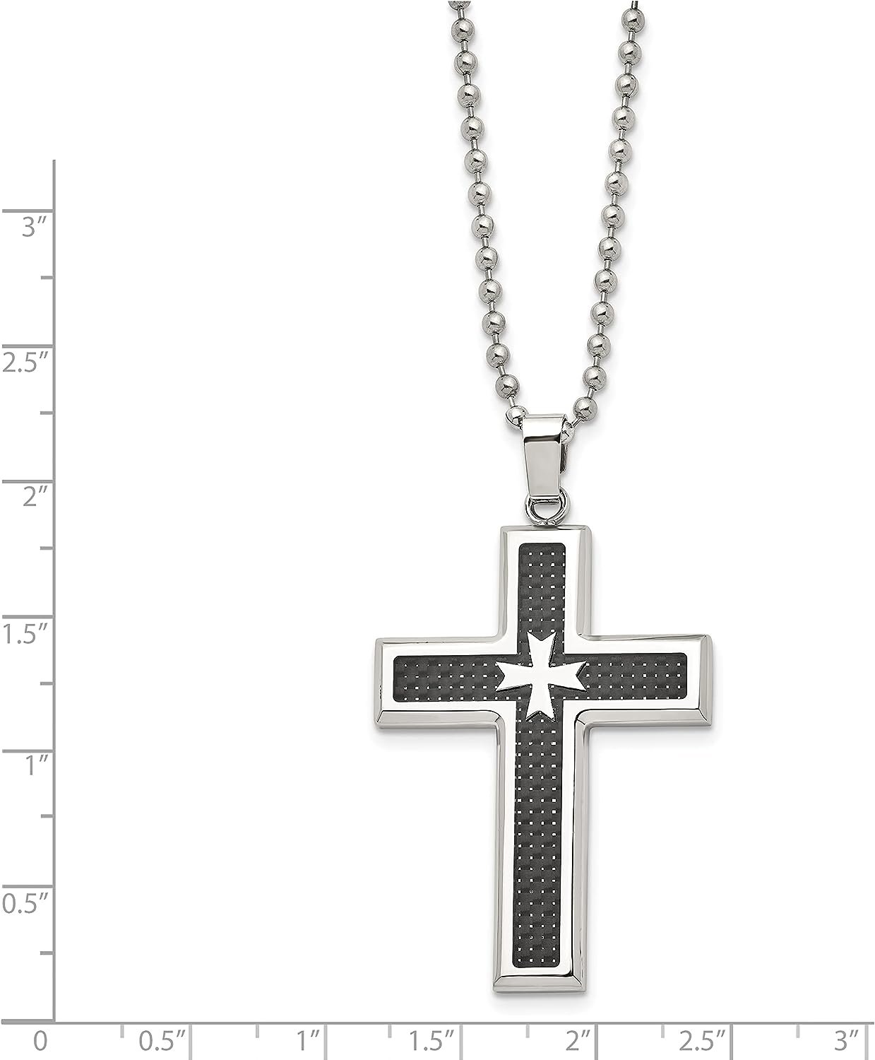 Chisel Stainless Steel Polished with Black Carbon Fiber Inlay Cross Pendant on a Ball Chain Necklace - 22