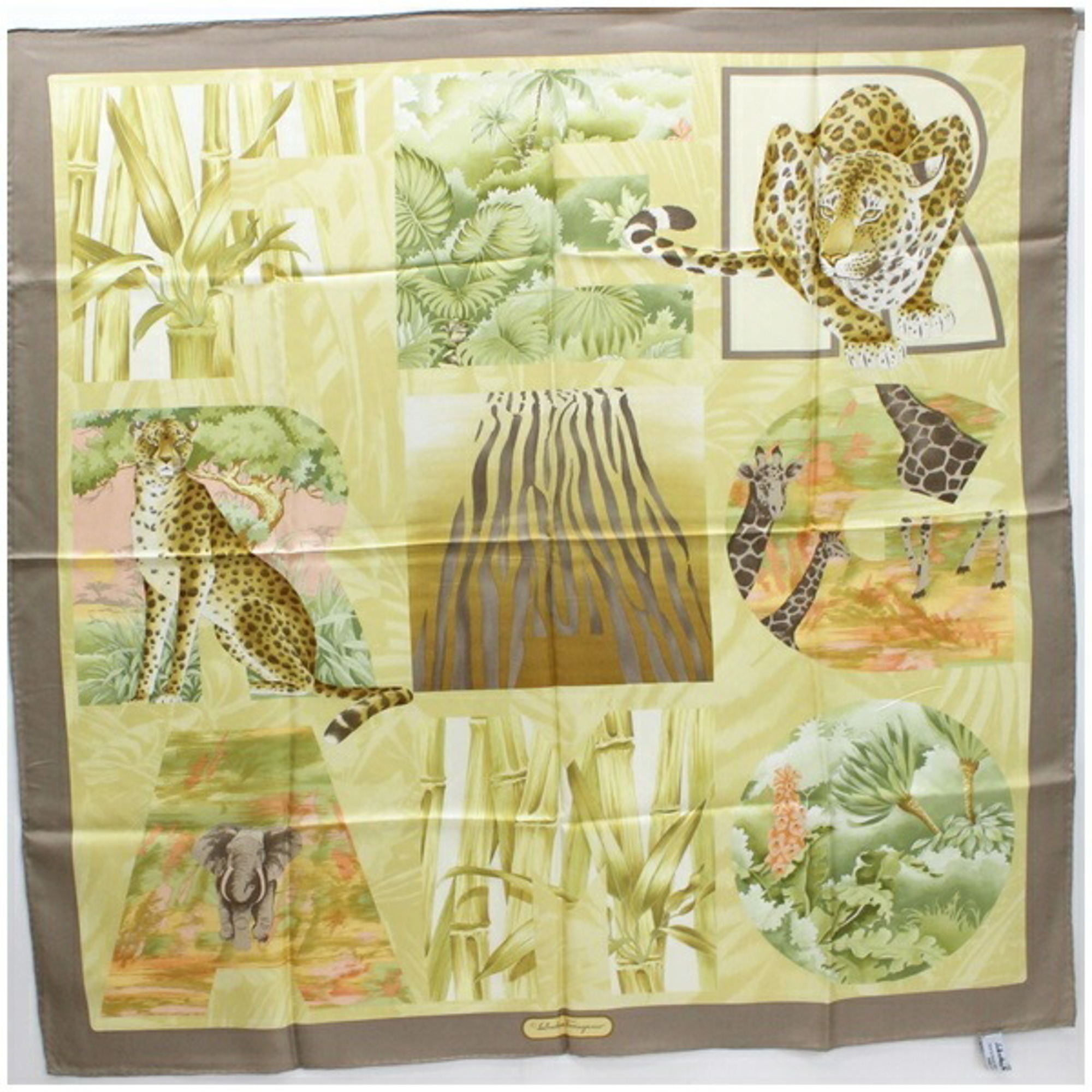 Pre-Owned Ferragamo Silk Scarf Muffler Beige x Greige Leopard Pattern Animal SALVATORE FERRAGAMO Women's (Good)