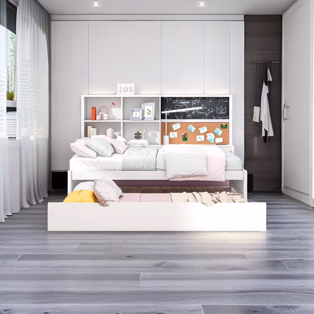 Twin Size Daybed with Storage Shelves, Wood Daybed with Trundle and USB Ports, Bookcase, Blackboard, Cork Board for Kids, Teens, Guests