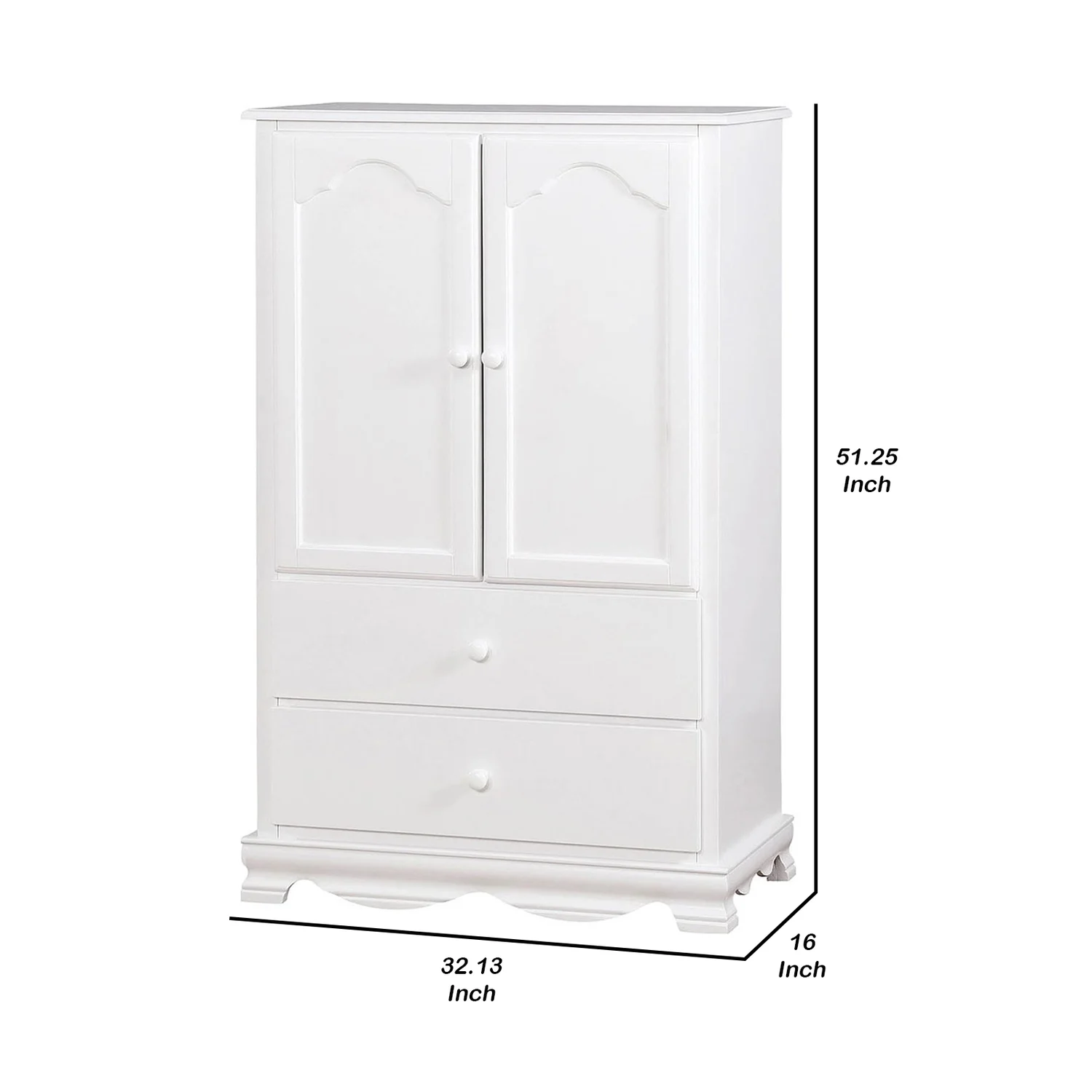 Benjara 51 Inch 2 Drawer Wooden Armoire with Arched Base, White