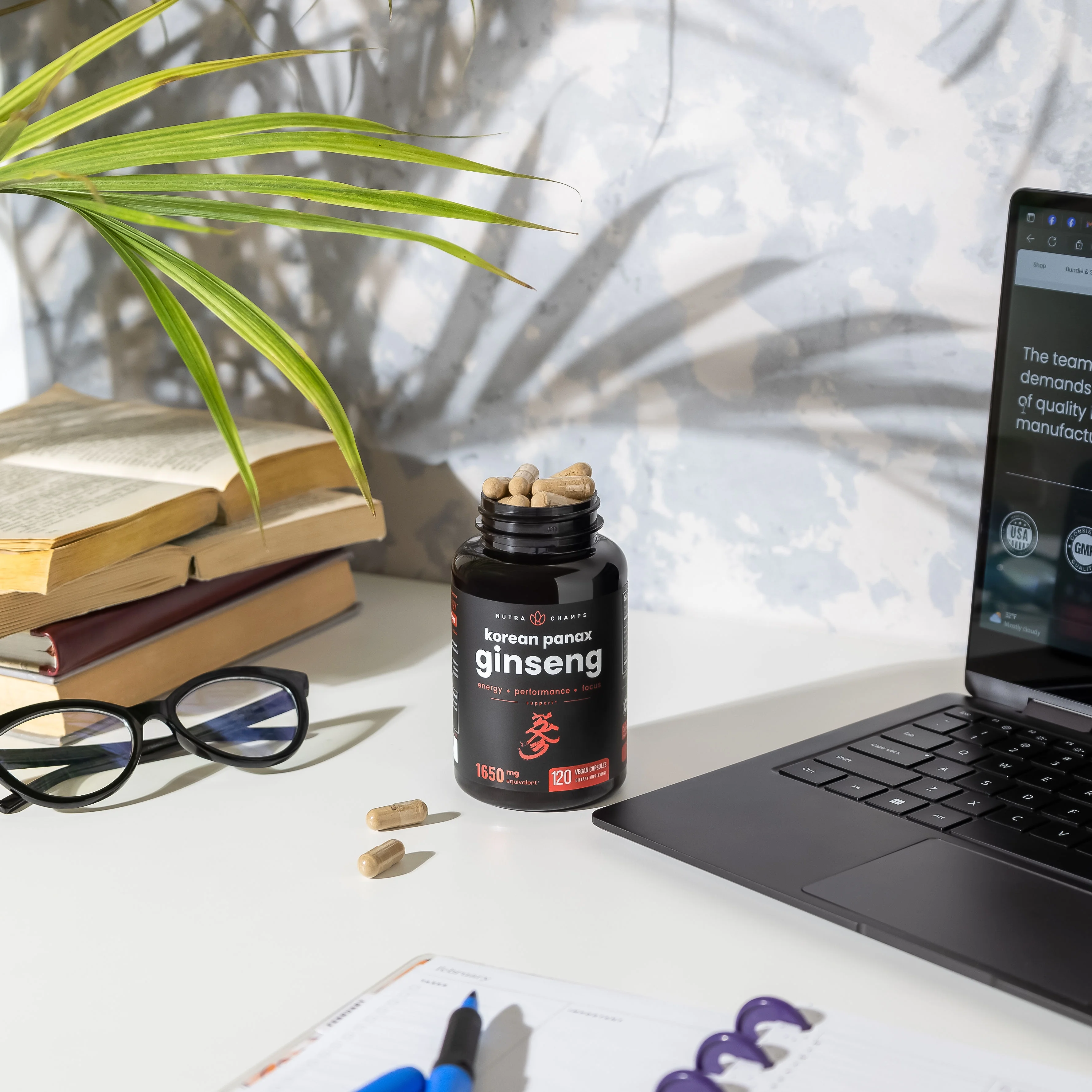 NutraChamps Korean Red Panax Ginseng Capsules | Extra Strength Ginsenosides for Energy, Focus, Performance, Vitality & Immune Support | Korean Red Ginseng Root Extract Powder Supplement | Vegan Pills