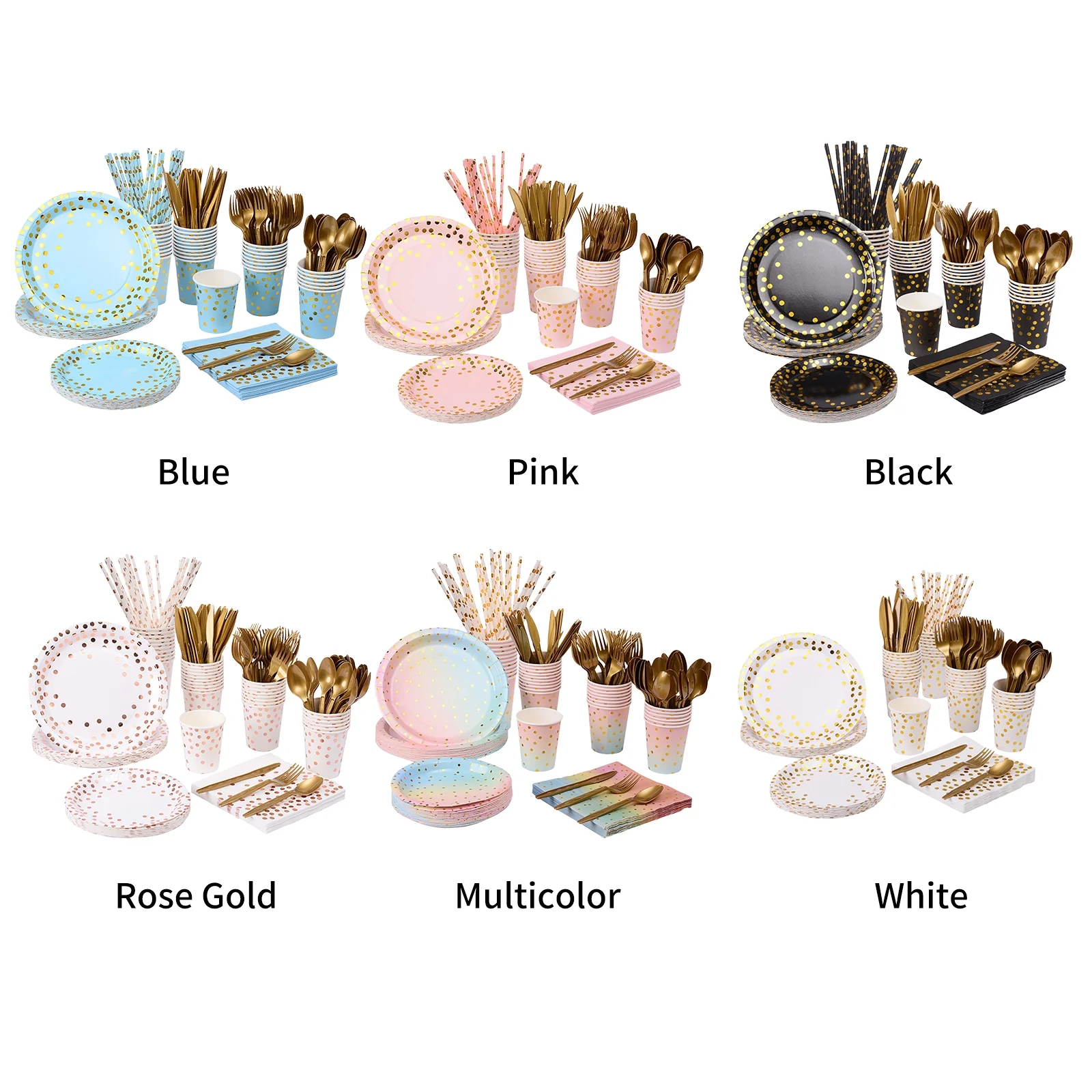 Ammoon Disposable Tableware Set for 25 Guests Disposable Paper Birthday Dinnerware Plates Forks Knives Spoons Cups Napkins Straws