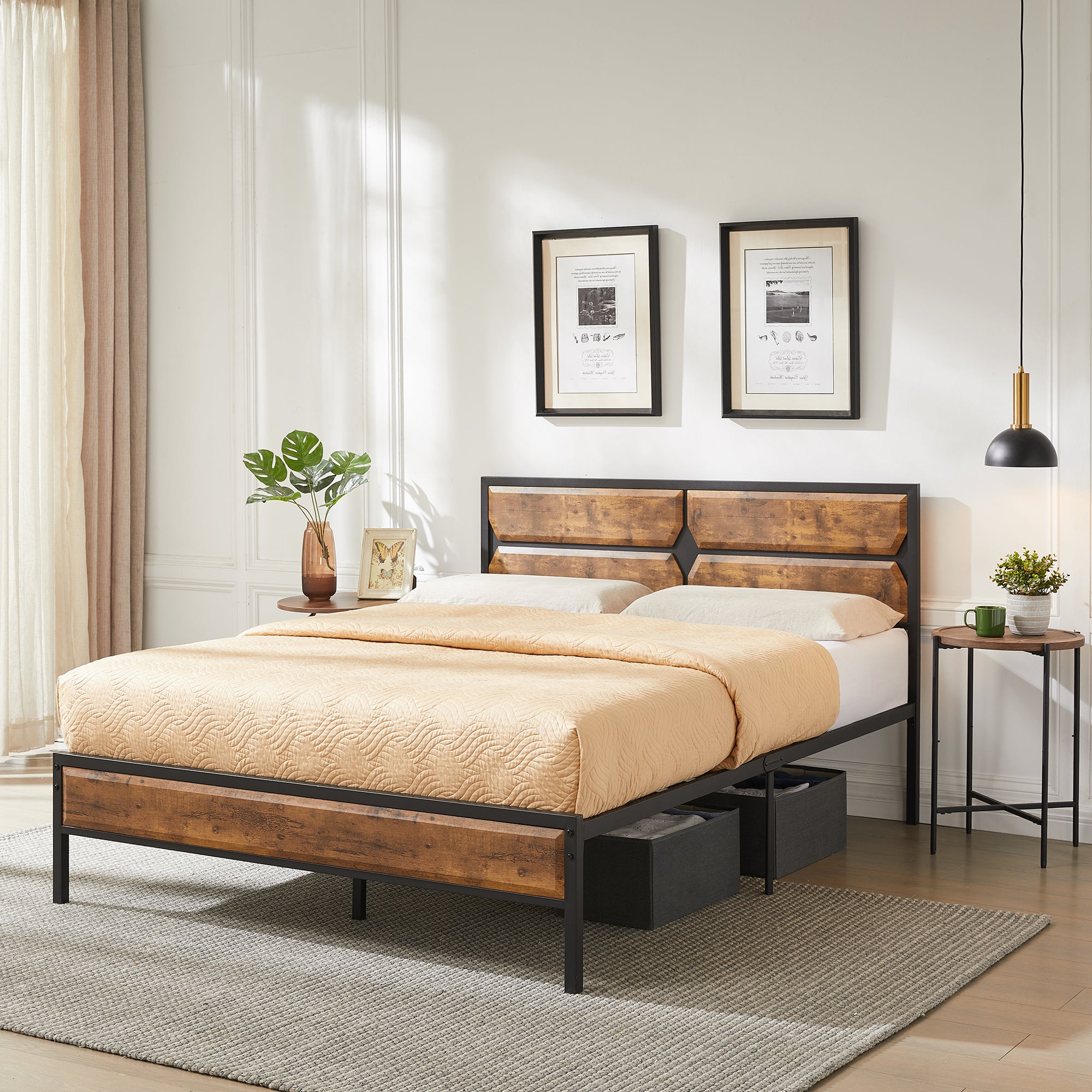 VECELO Queen Bed Frame with Wooden Headboard & Footboard, Metal Platform Mattress Foundation/Strong Slats Support, No Box Spring Needed, Brown