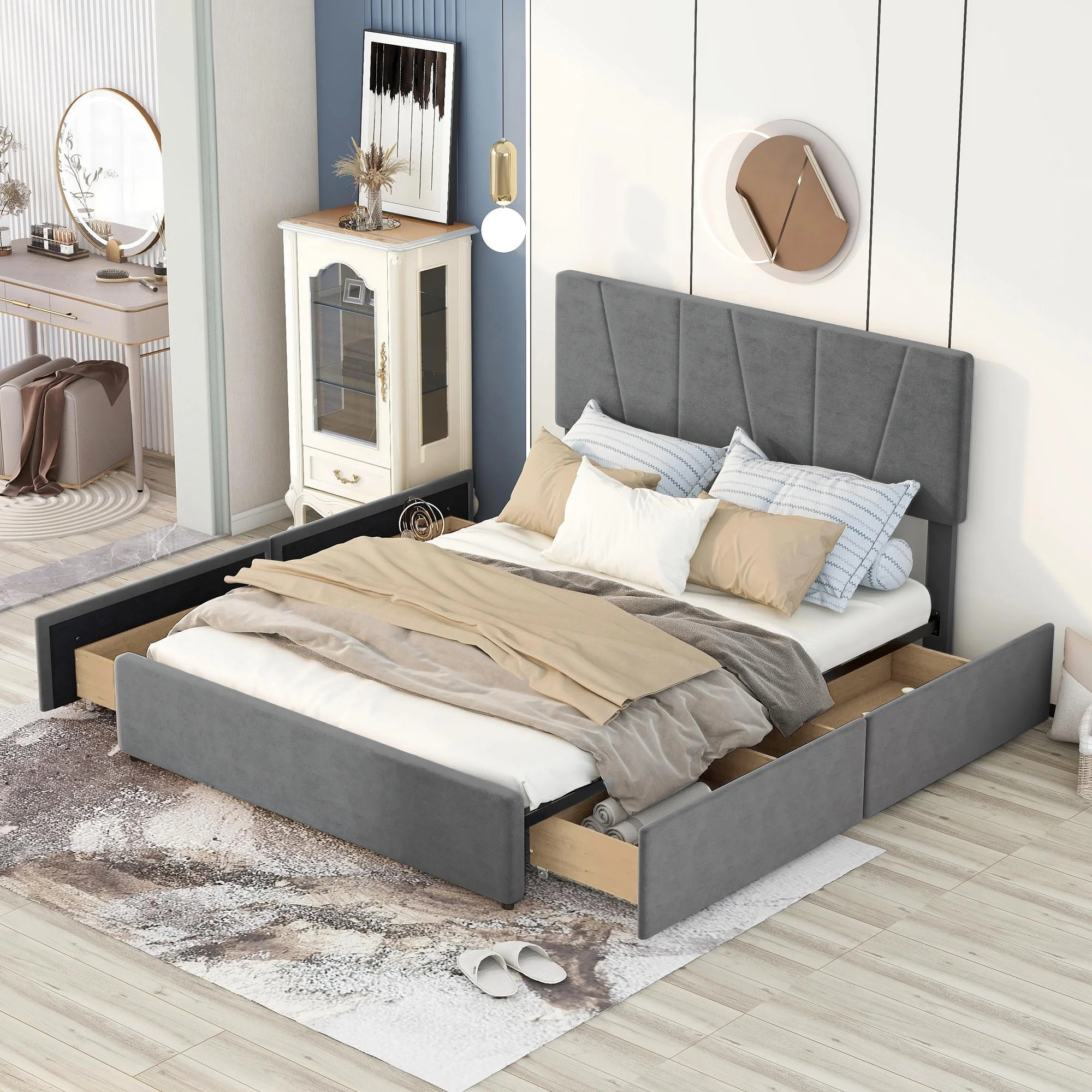 Churanty Queen Size Velvet Upholstery Platform Bed with 4 Drawers on Two Sides,Solid Wood Bed Frame with Adjustable Headboard,Grey
