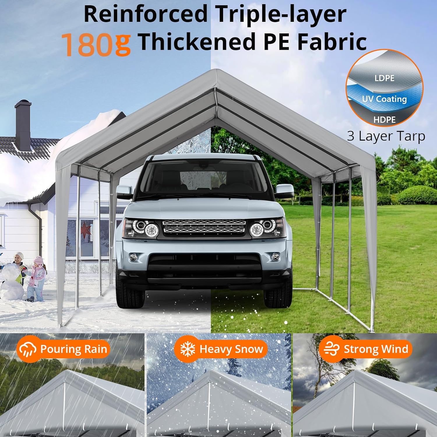 Carport 13×20 FT Heavy Duty Car Canopy Storage Shed, Portable Garage Party Tent with Removable Sidewall & Door, Reinforced Triangular Beam, Metal Frame, All-Season Tarp for Truck Shelter, Grey