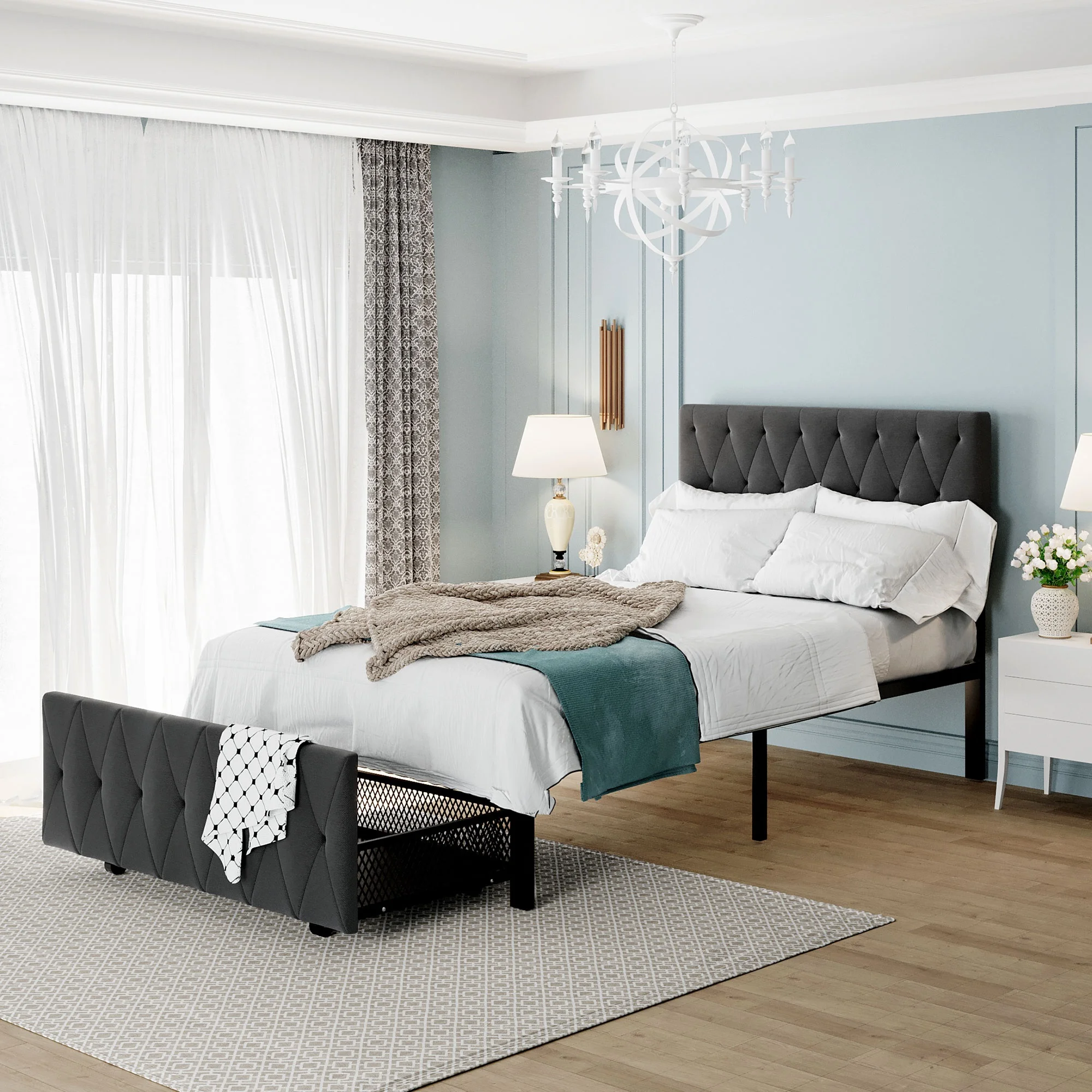 Gray Twin Size Storage Bed Metal Platform Bed with a Big Drawer